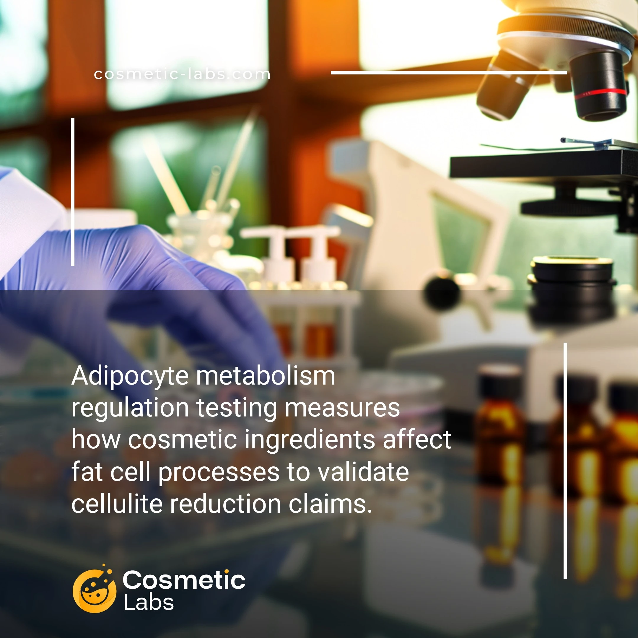 Illustration of Adipocyte metabolism regulation services. Adipocyte metabolism regulation testing measures how cosmetic ingredients affect fat cell processes to validate cellulite reduction claims.