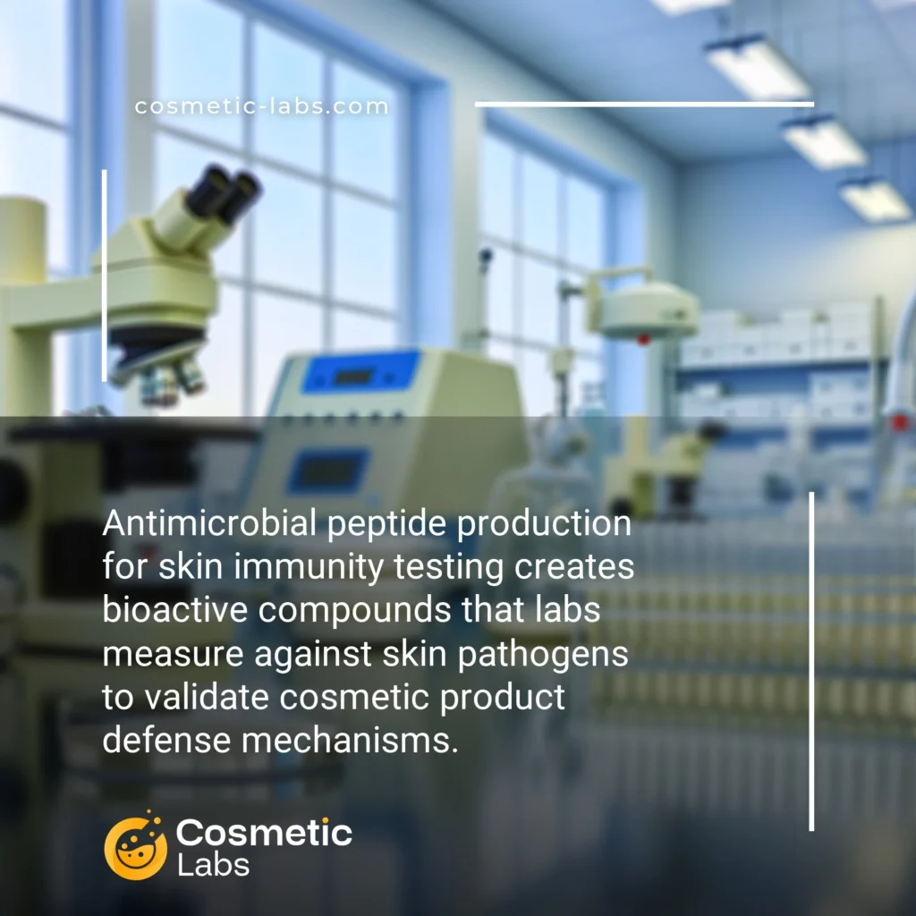 Illustration of Antimicrobial peptides production services. Antimicrobial peptide production for skin immunity testing creates bioactive compounds that labs measure against skin pathogens to validate cosmetic product defense mechanisms.
