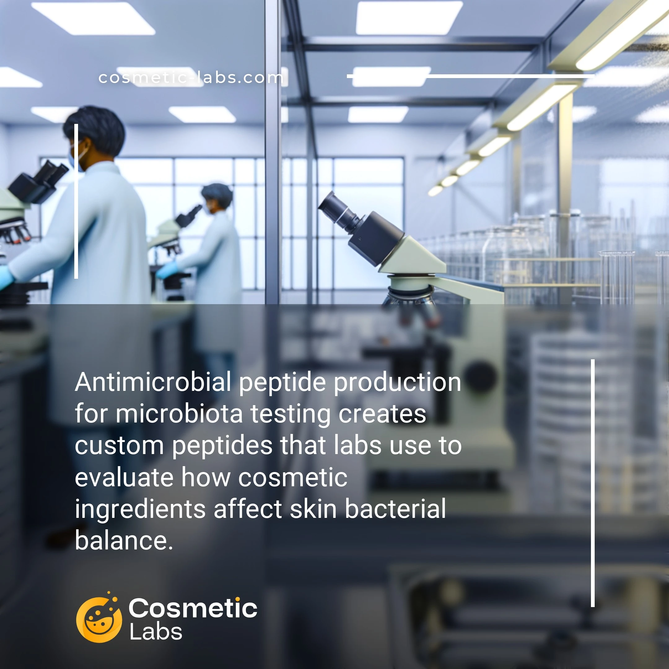 Illustration of Antimicrobial peptides production services. Antimicrobial peptide production for microbiota testing creates custom peptides that labs use to evaluate how cosmetic ingredients affect skin bacterial balance.