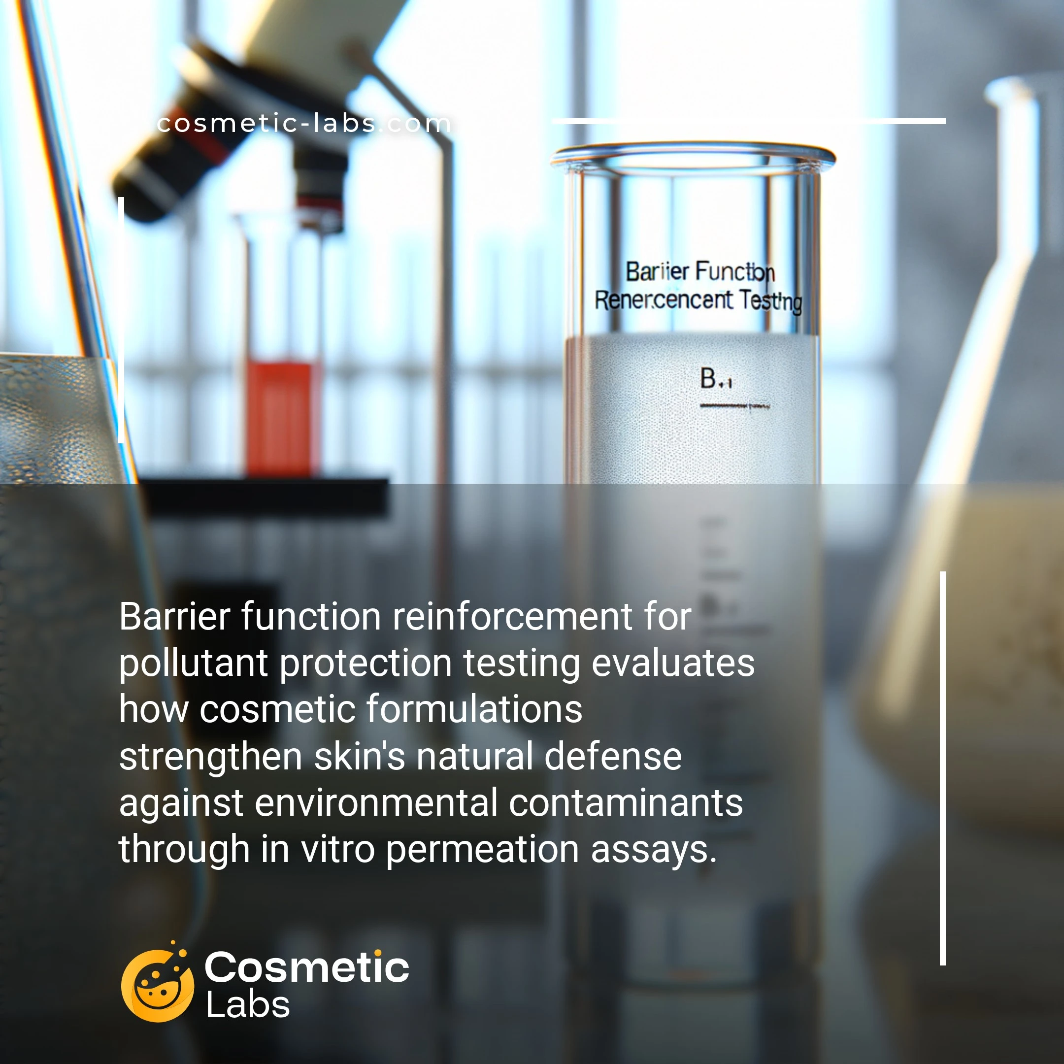 Illustration of Barrier function reinforcement services. Barrier function reinforcement for pollutant protection testing evaluates how cosmetic formulations strengthen skin's natural defense against environmental contaminants through in vitro permeation assays.