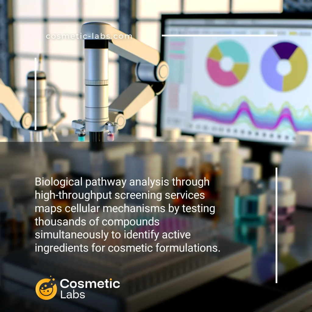 Illustration of Biological pathway analysis through high-throughput screening services. Biological pathway analysis through high-throughput screening services maps cellular mechanisms by testing thousands of compounds simultaneously to identify active ingredients for cosmetic formulations.