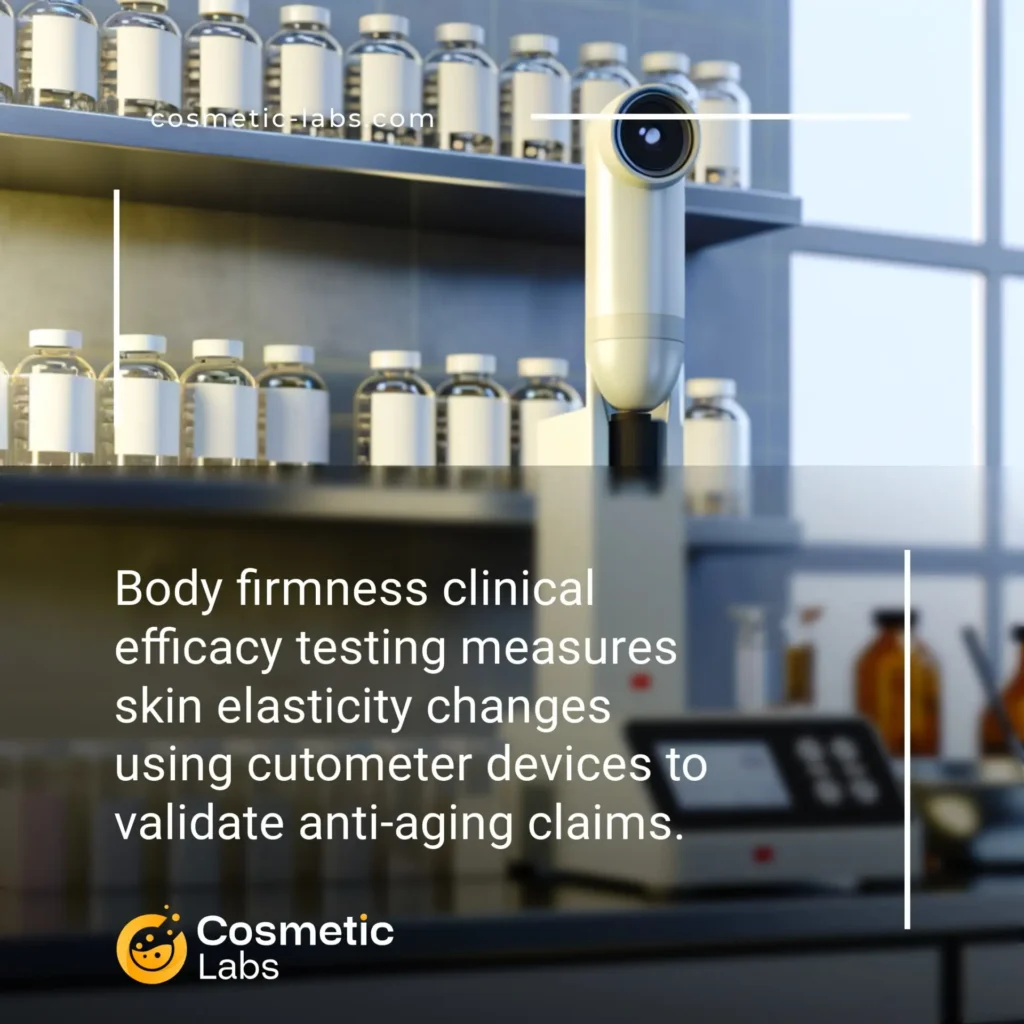 Illustration of Body firmness efficacy testing services. Body firmness clinical efficacy testing measures skin elasticity changes using cutometer devices to validate anti-aging claims.