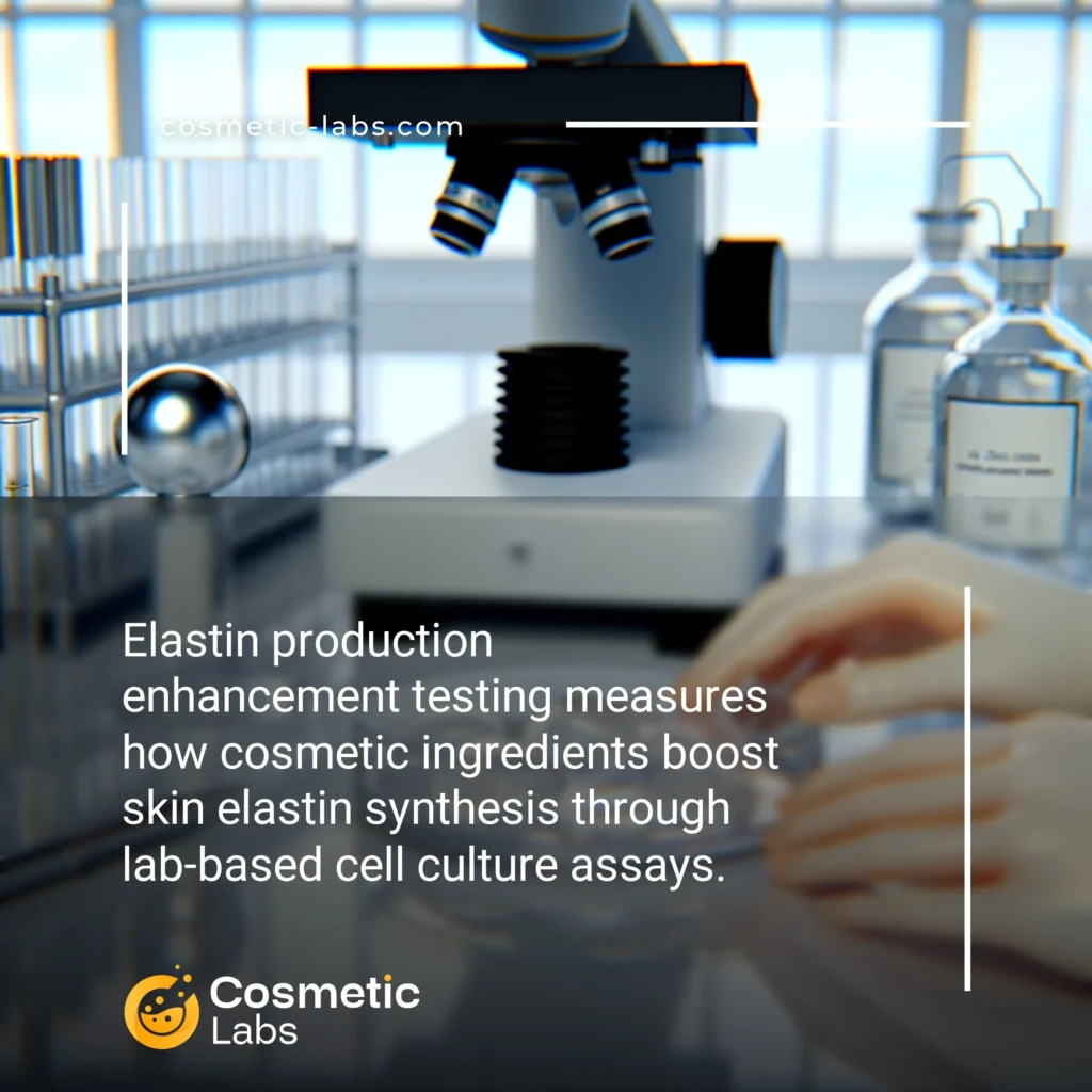 Illustration of Elastin production enhancement testing  services. Elastin production enhancement testing measures how cosmetic ingredients boost skin elastin synthesis through lab-based cell culture assays.