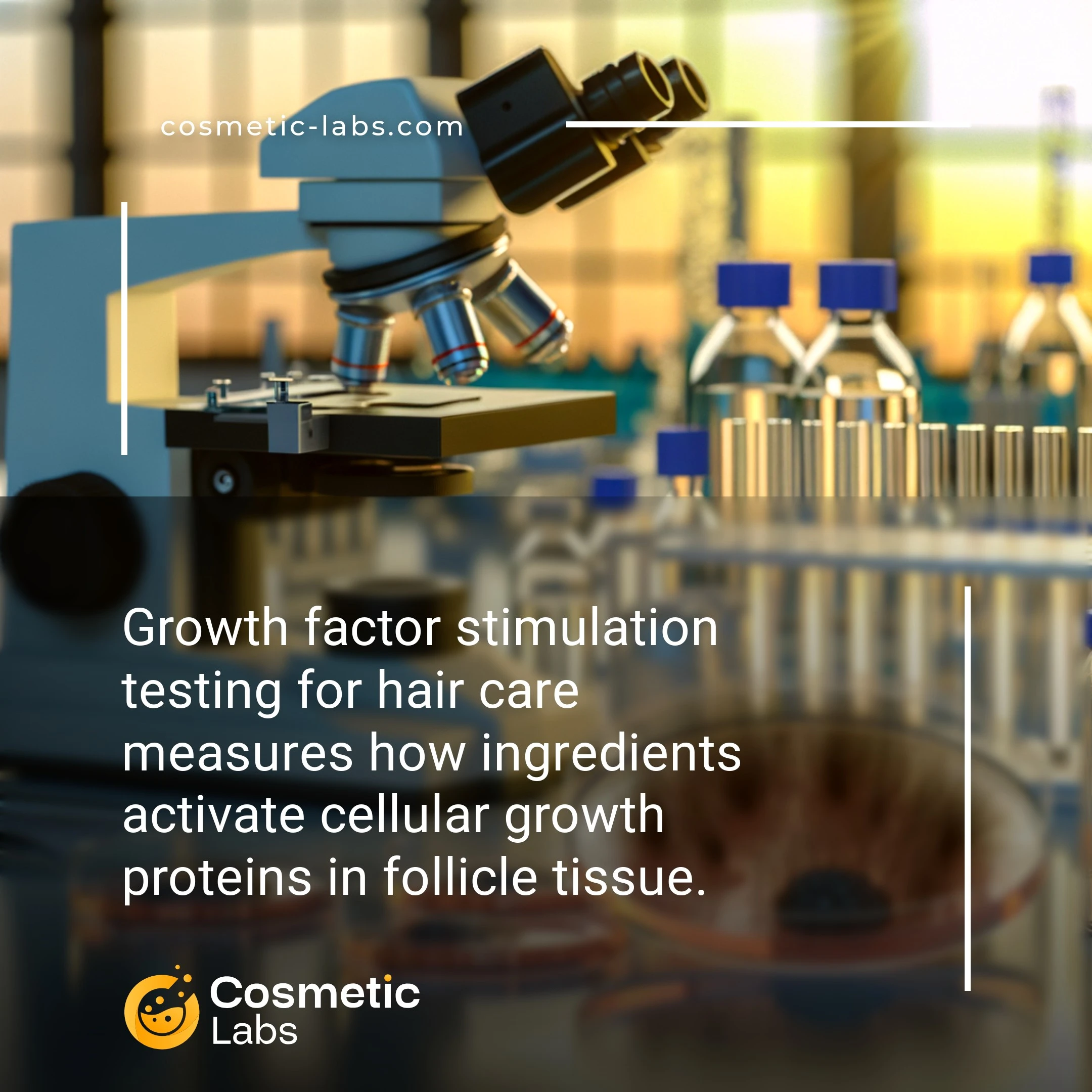 Illustration of Growth factors stimulation services. Growth factor stimulation testing for hair care measures how ingredients activate cellular growth proteins in follicle tissue.