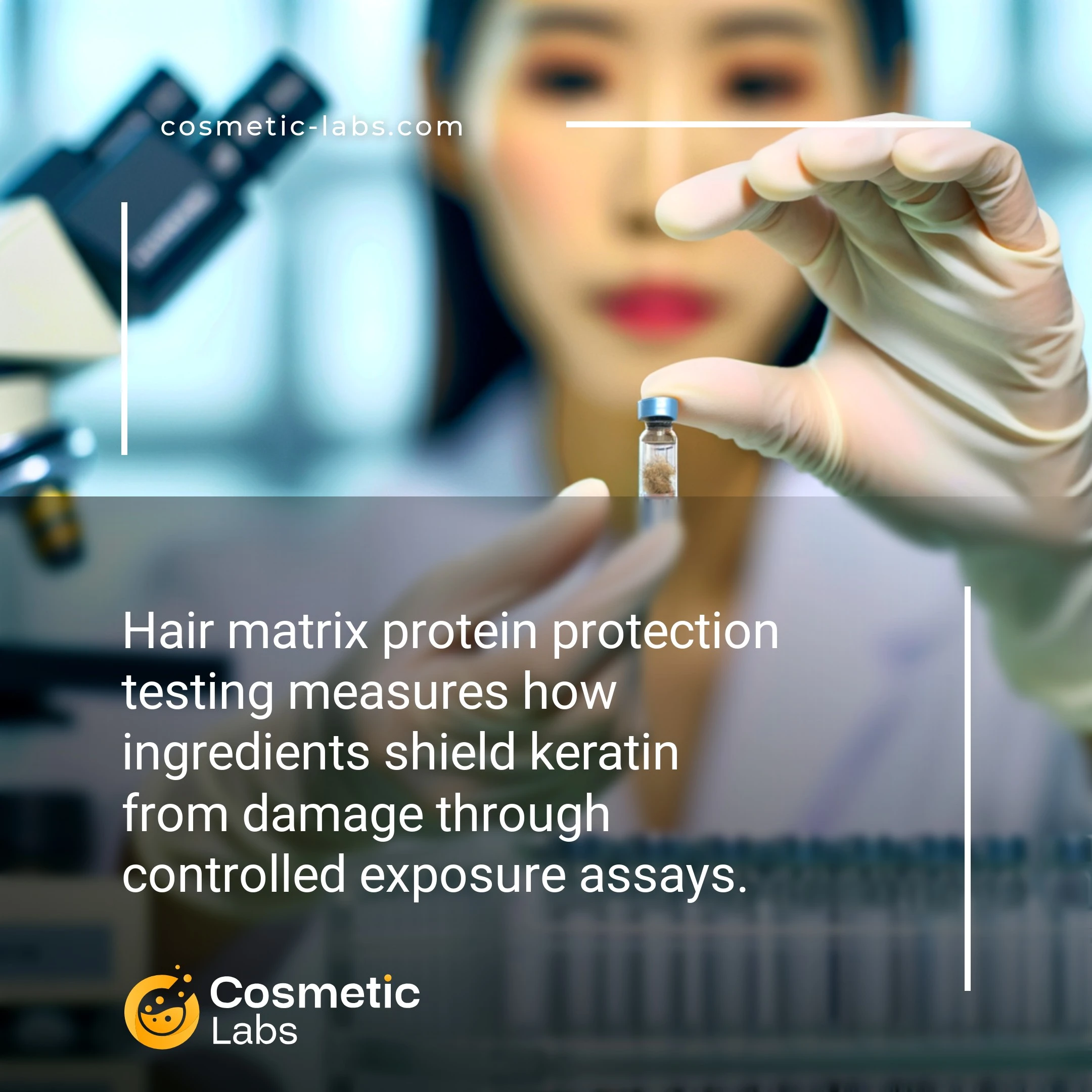 Illustration of Hair matrix protein protection testing services. Hair matrix protein protection testing measures how ingredients shield keratin from damage through controlled exposure assays.