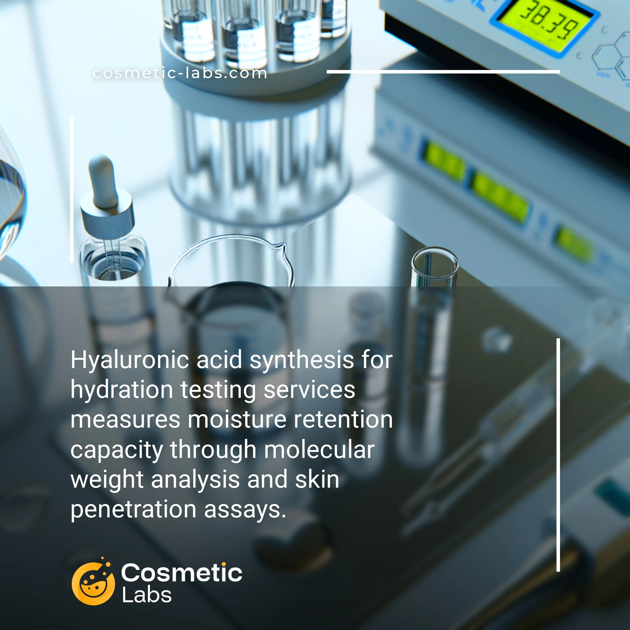 Illustration of Hyaluronic acid synthesis services. Hyaluronic acid synthesis for hydration testing services measures moisture retention capacity through molecular weight analysis and skin penetration assays.