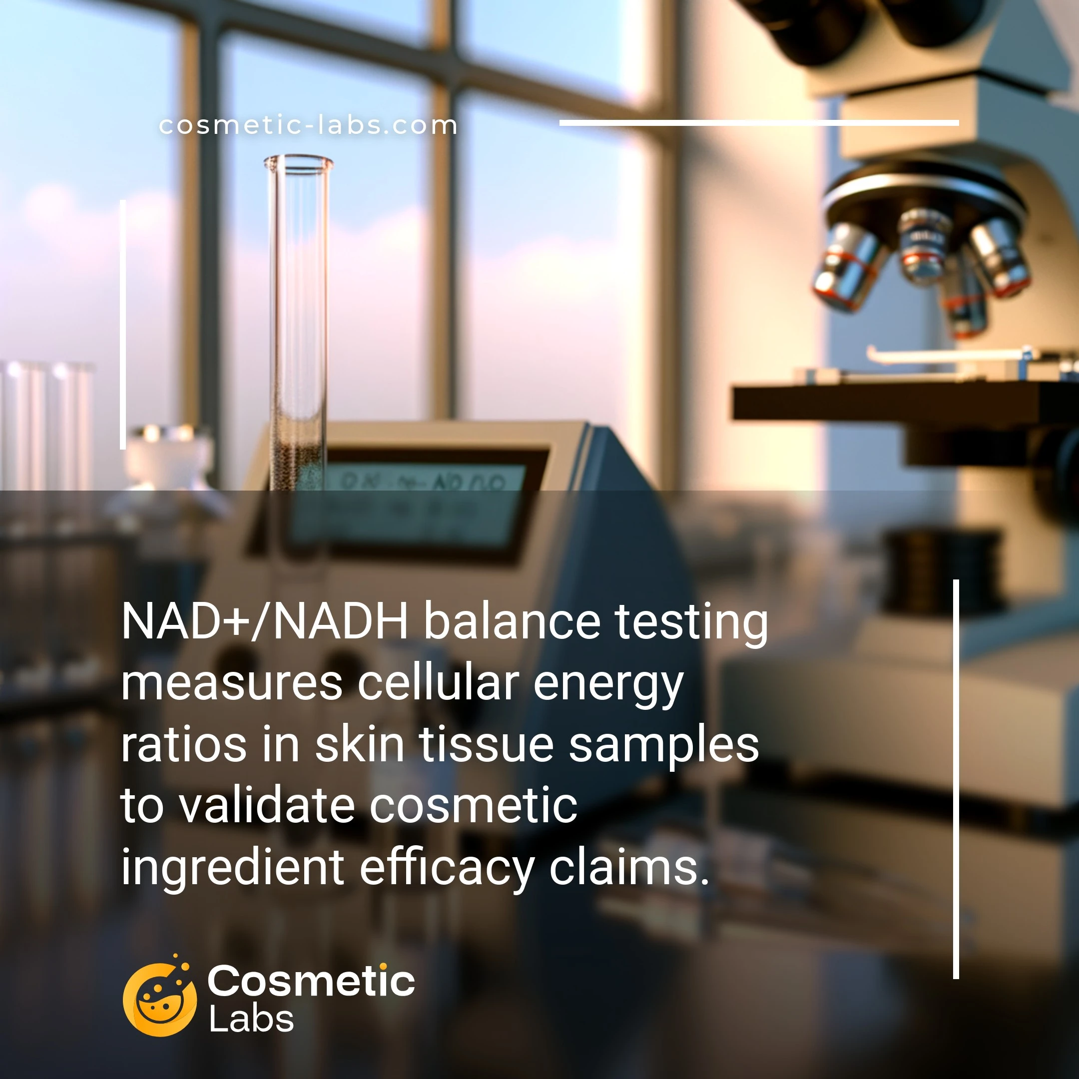 Illustration of NAD+/NADH balance services. NAD+/NADH balance testing measures cellular energy ratios in skin tissue samples to validate cosmetic ingredient efficacy claims.