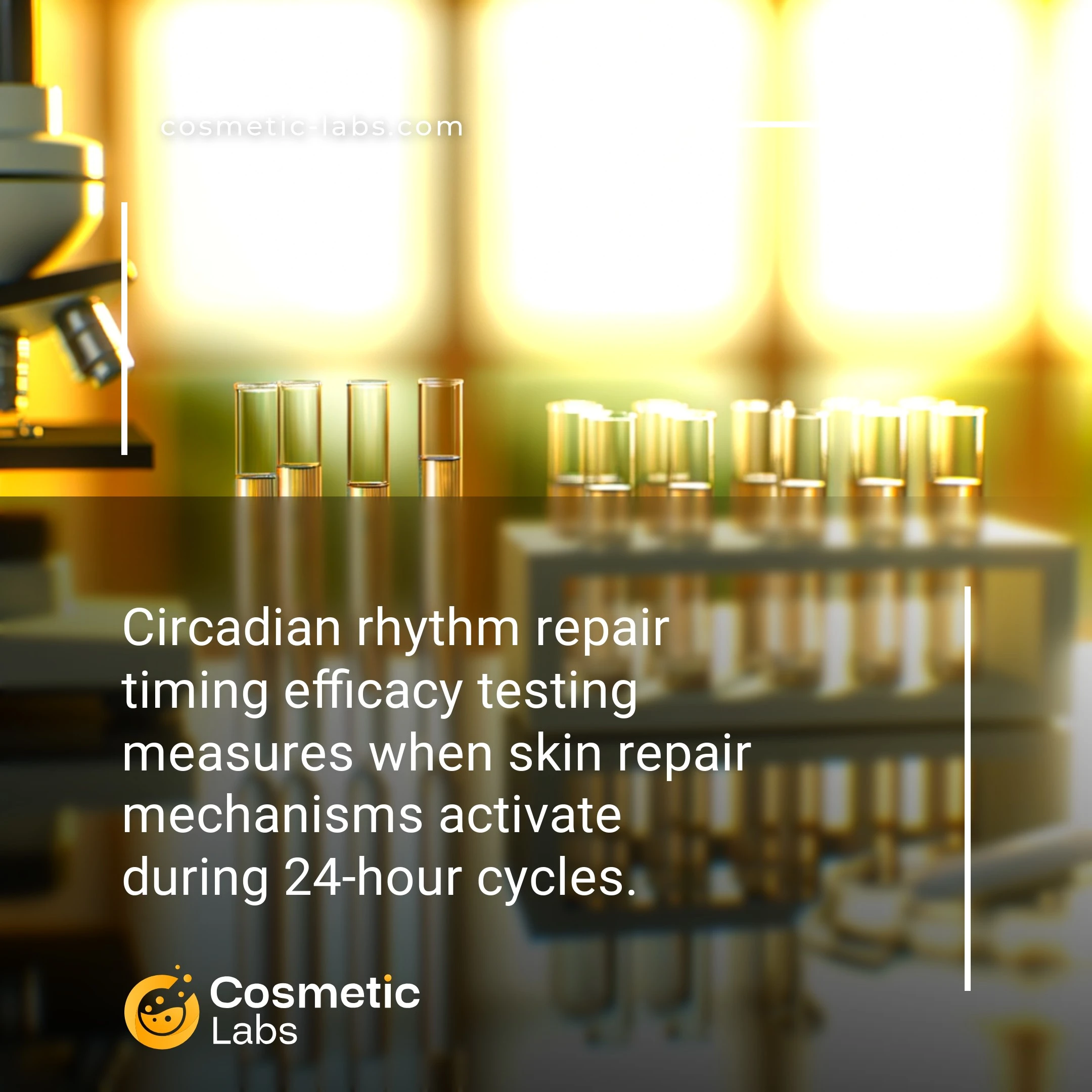 Illustration of Repair mechanisms timing services. Circadian rhythm repair timing efficacy testing measures when skin repair mechanisms activate during 24-hour cycles.