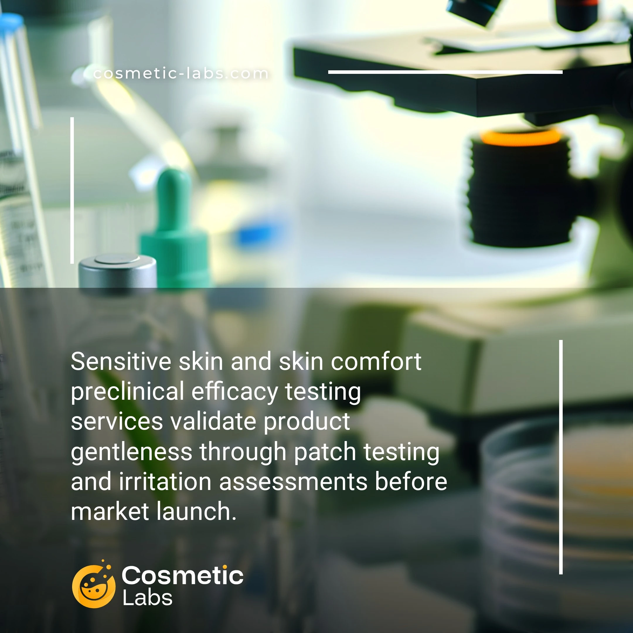 Illustration of Sensitive skin and skin comfort efficacy testing services. Sensitive skin and skin comfort preclinical efficacy testing services validate product gentleness through patch testing and irritation assessments before market launch.