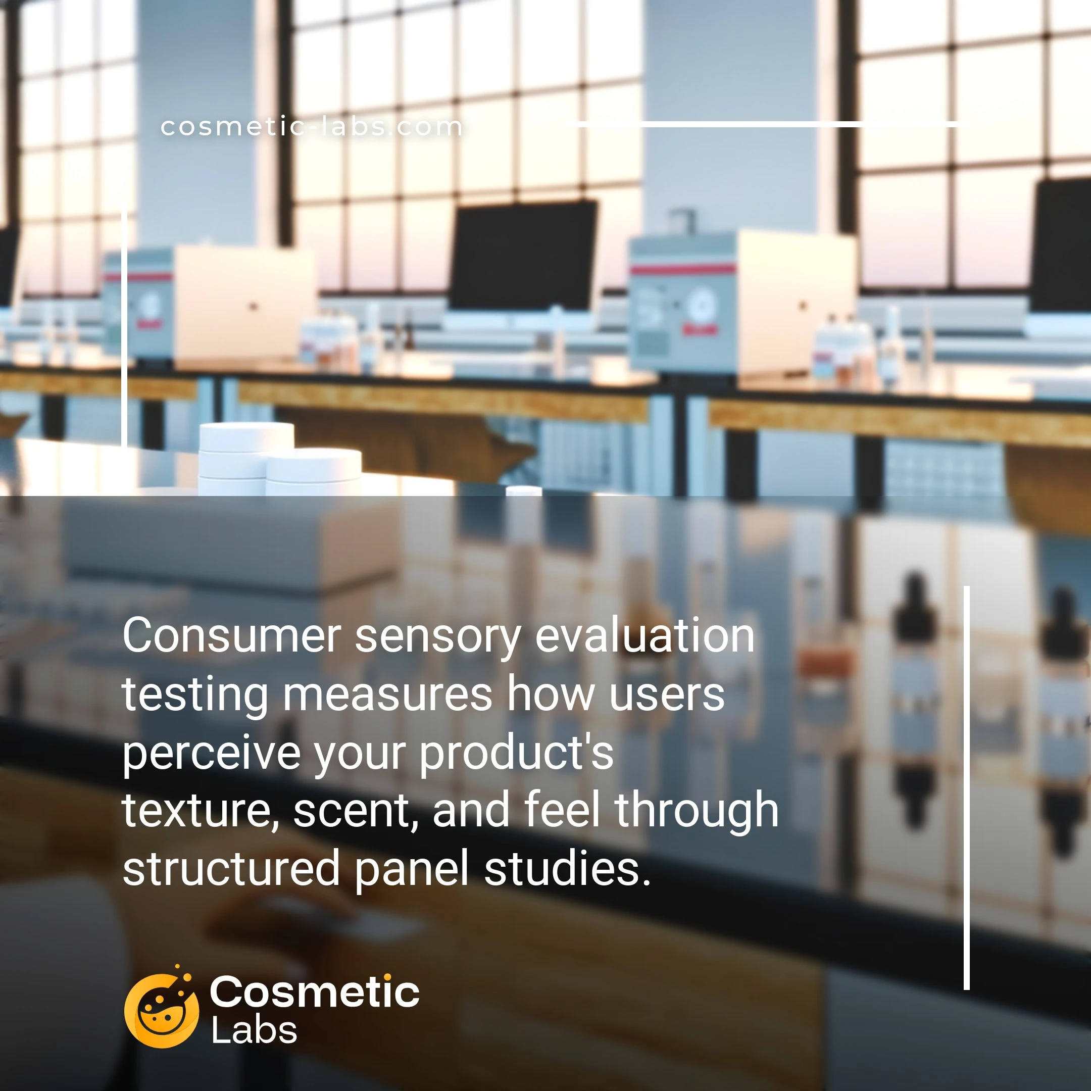 Illustration of Consumer sensory evaluation testing services. Consumer sensory evaluation testing measures how users perceive your product's texture, scent, and feel through structured panel studies.