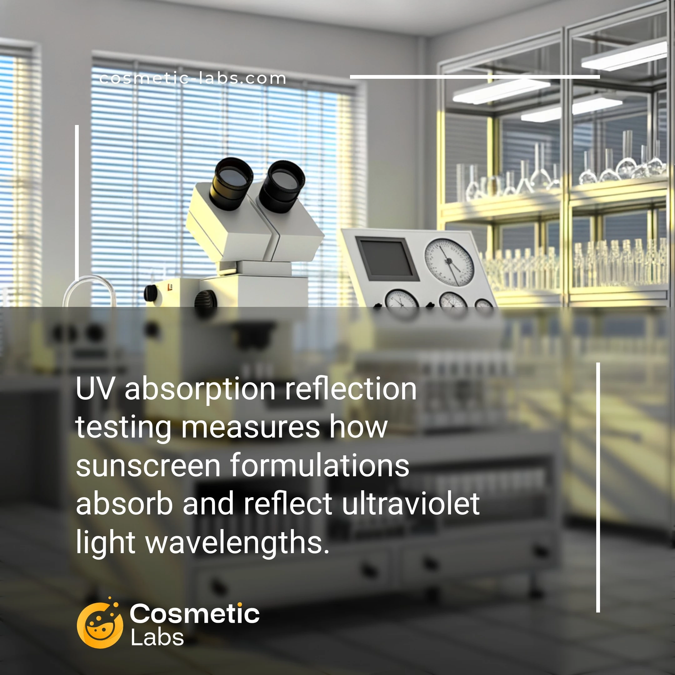 Illustration of UV absorption reflection testing services. UV absorption reflection testing measures how sunscreen formulations absorb and reflect ultraviolet light wavelengths.