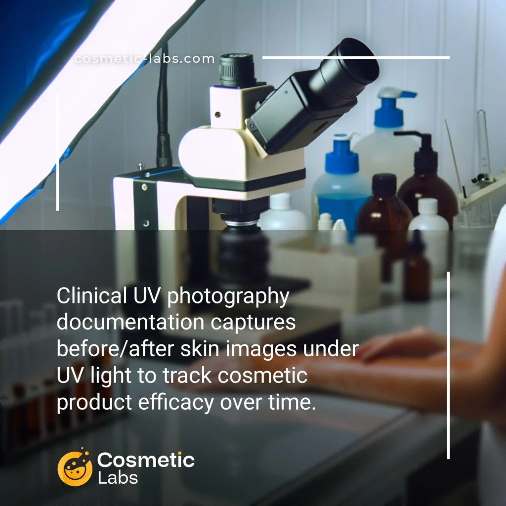 Illustration of Clinical UV photography documentation services. Clinical UV photography documentation captures before/after skin images under UV light to track cosmetic product efficacy over time.