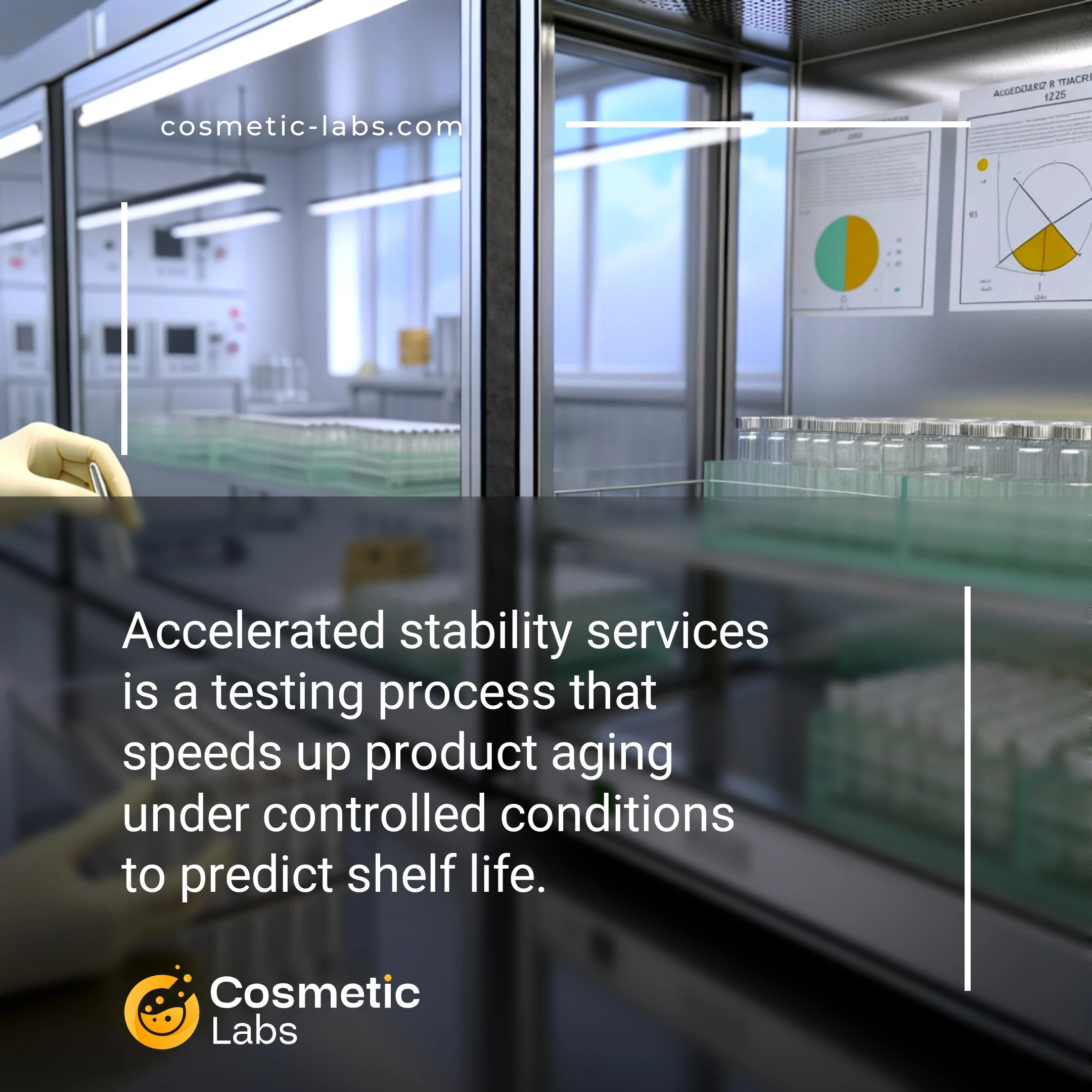 Illustration of Accelerated stability services. Accelerated stability services is a testing process that speeds up product aging under controlled conditions to predict shelf life.