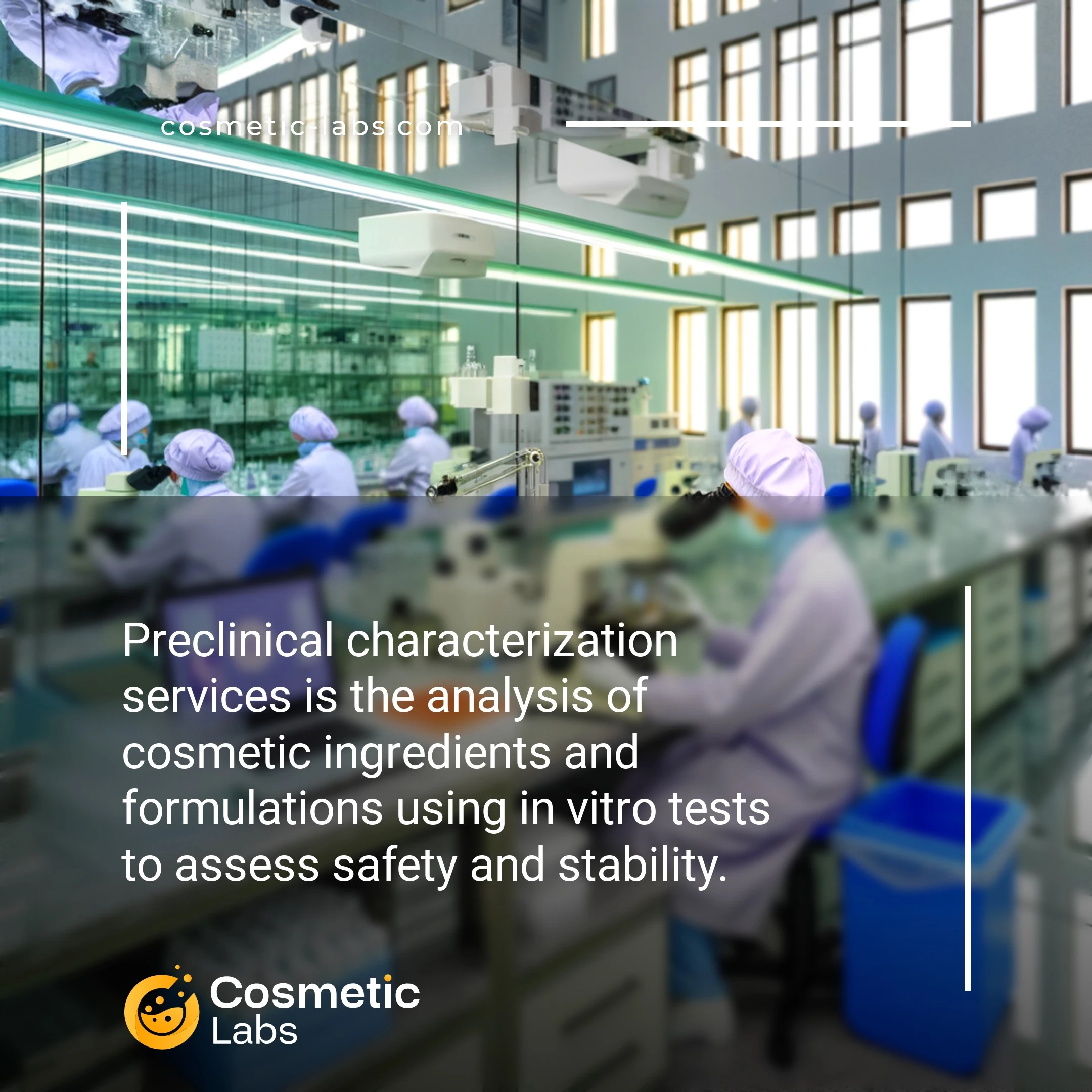 Illustration of Preclinical characterization services. Preclinical characterization services is the analysis of cosmetic ingredients and formulations using in vitro tests to assess safety and stability.