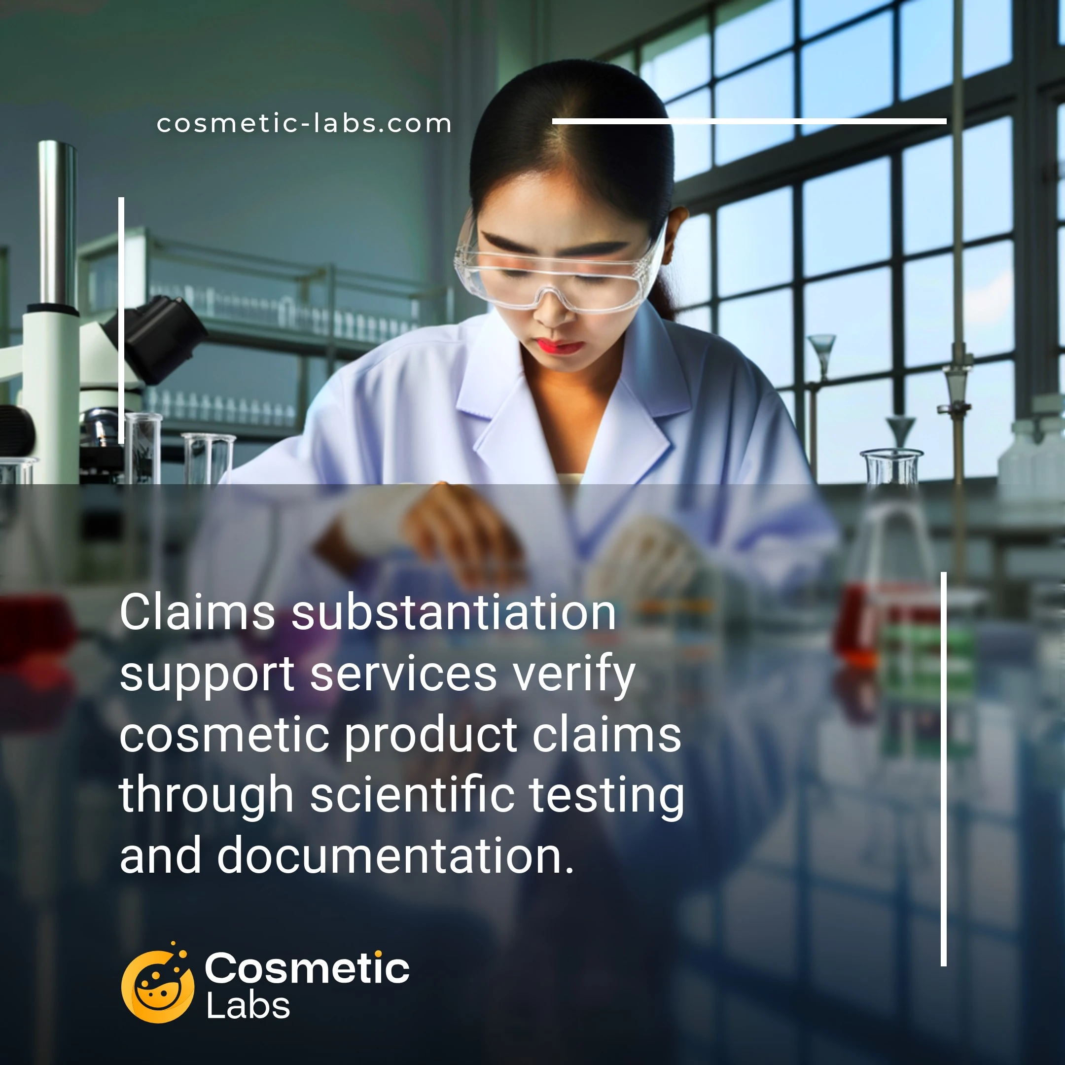 Illustration of Claims substantiation support services. Claims substantiation support services verify cosmetic product claims through scientific testing and documentation.