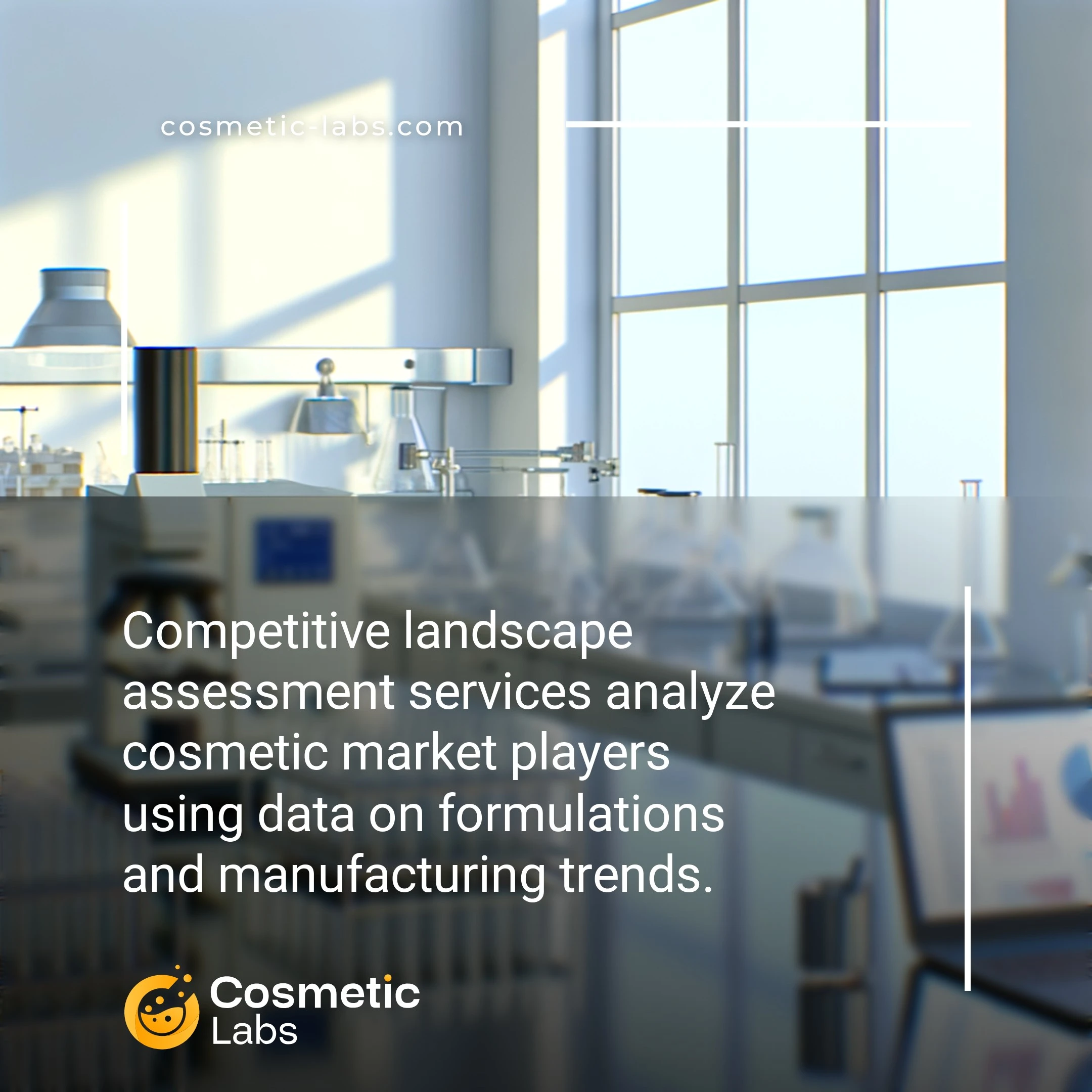 Illustration of Competitive landscape assessment services. Competitive landscape assessment services analyze cosmetic market players using data on formulations and manufacturing trends.