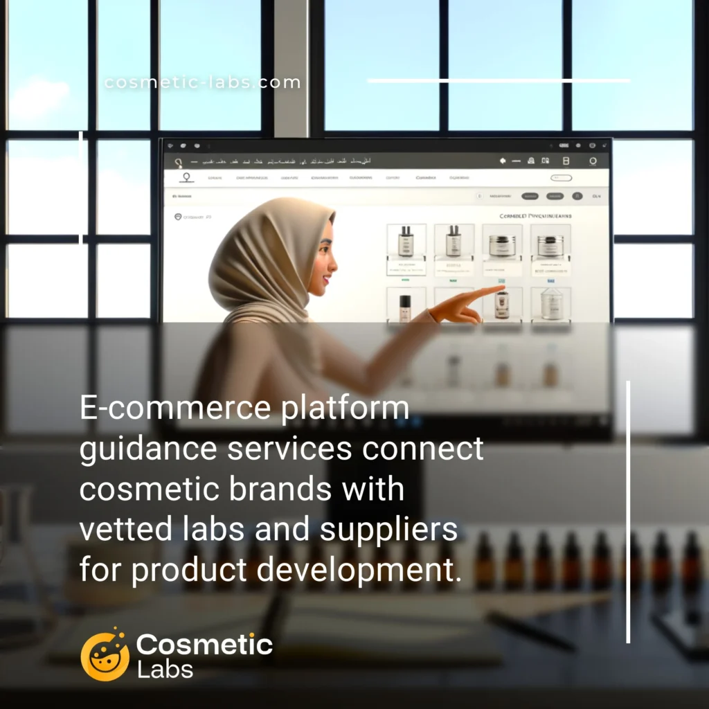 Illustration of E-commerce platform guidance services. E-commerce platform guidance services connect cosmetic brands with vetted labs and suppliers for product development.