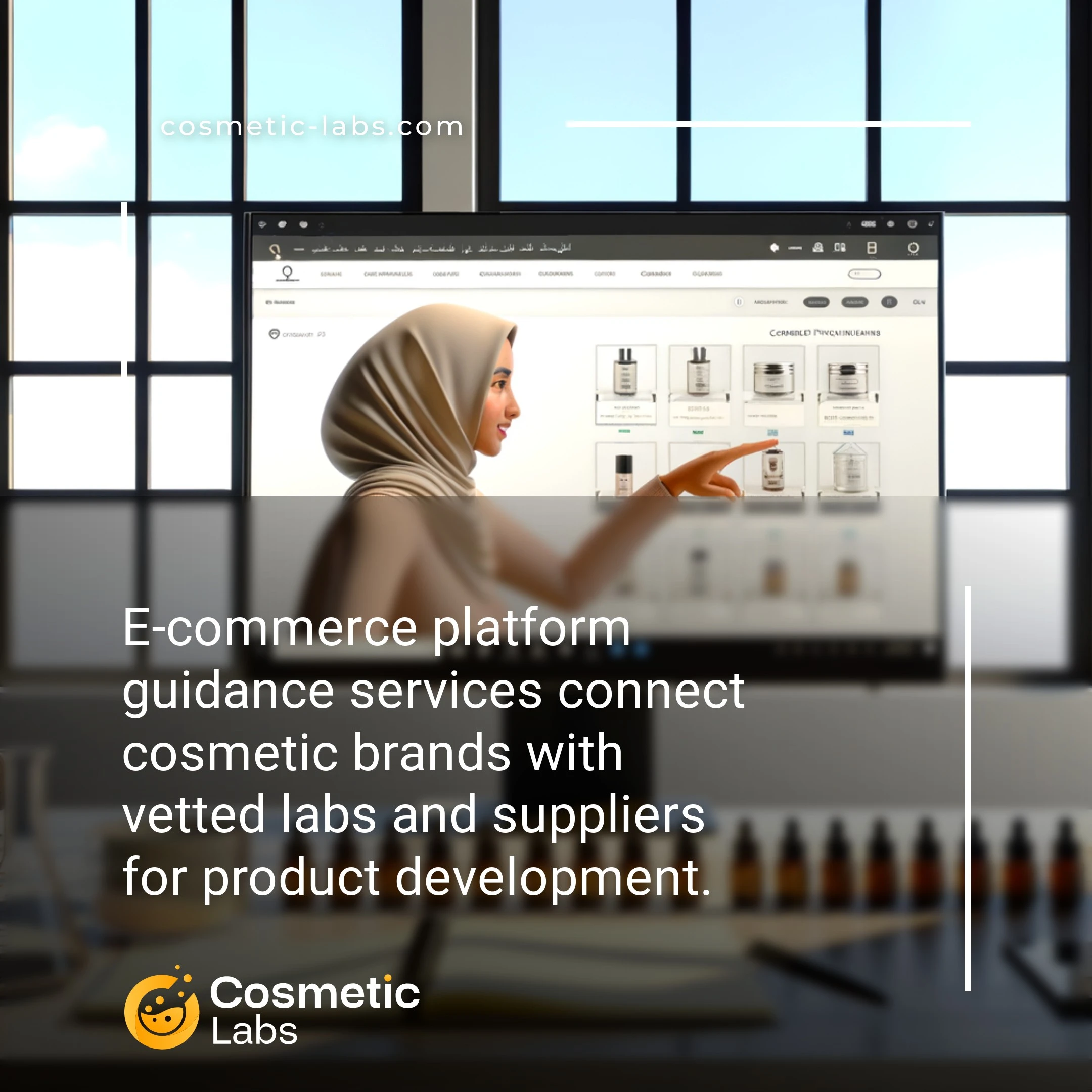 Illustration of E-commerce platform guidance services. E-commerce platform guidance services connect cosmetic brands with vetted labs and suppliers for product development.