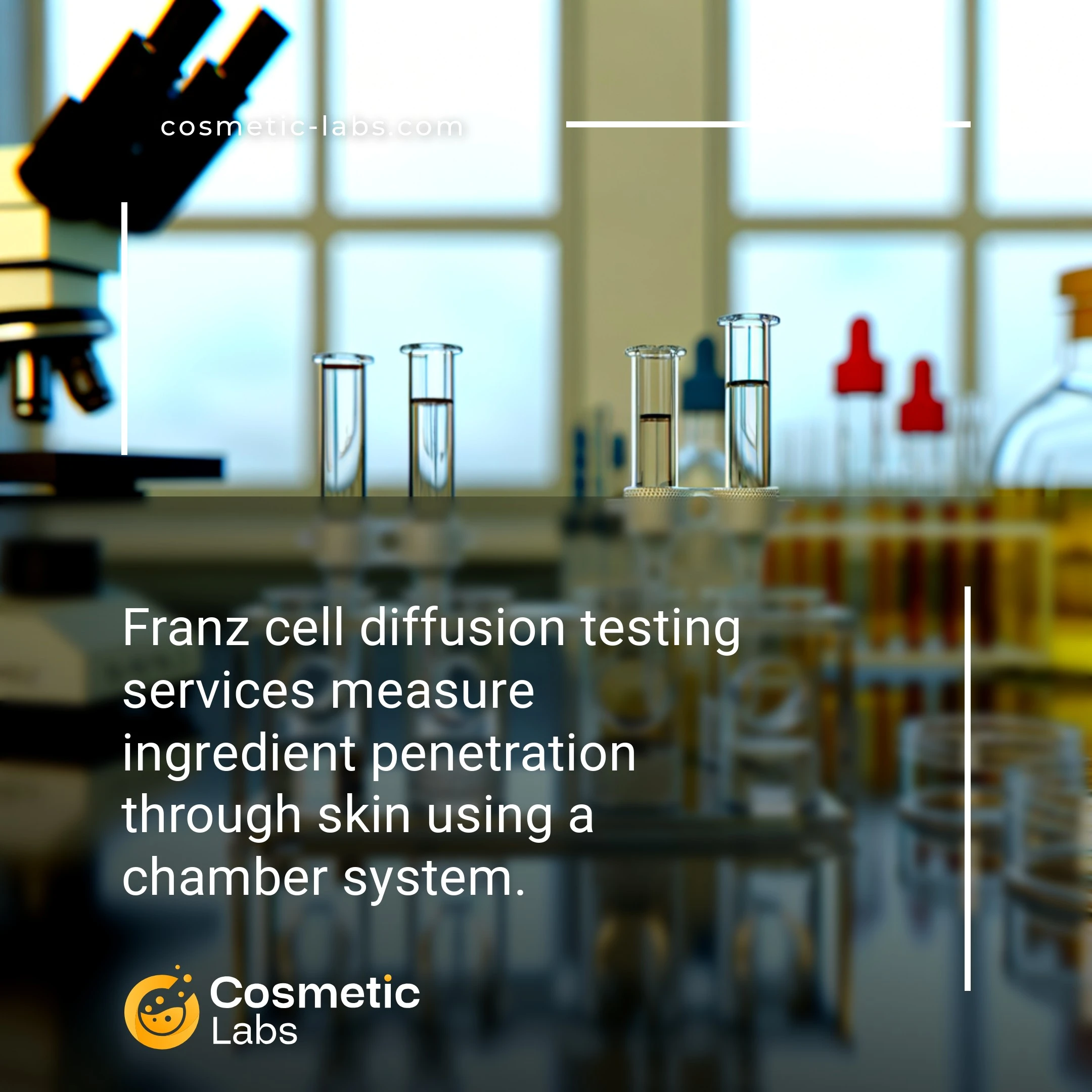 Illustration of Franz cell diffusion testing services. Franz cell diffusion testing services measure ingredient penetration through skin using a chamber system.