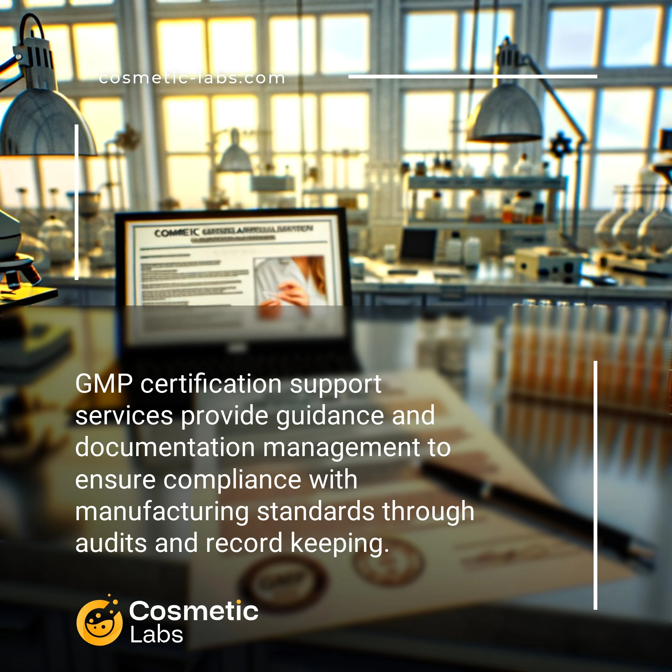 Illustration of GMP certification support services. GMP certification support services provide guidance and documentation management to ensure compliance with manufacturing standards through audits and record keeping.