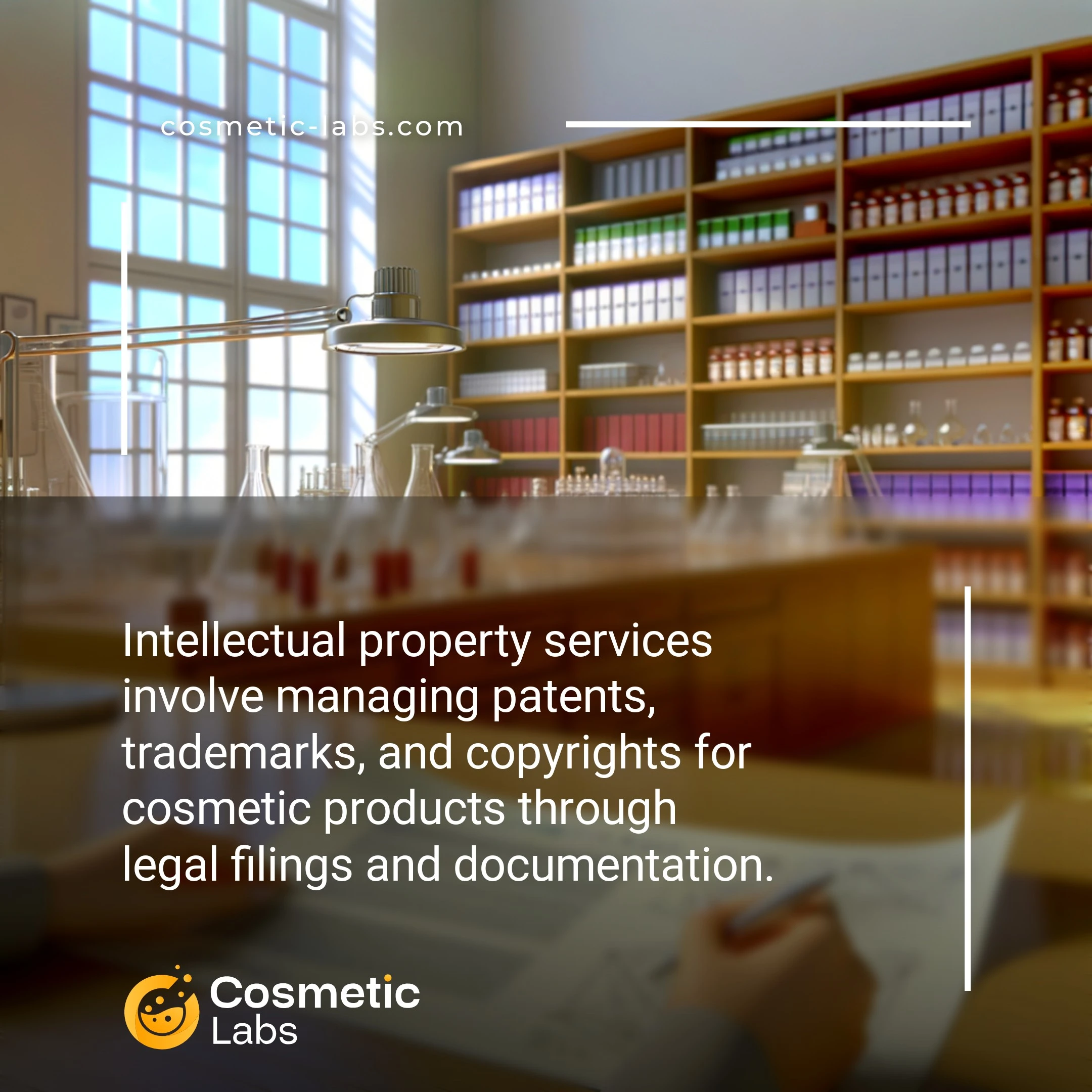 Illustration of Intellectual property services. Intellectual property services involve managing patents, trademarks, and copyrights for cosmetic products through legal filings and documentation.