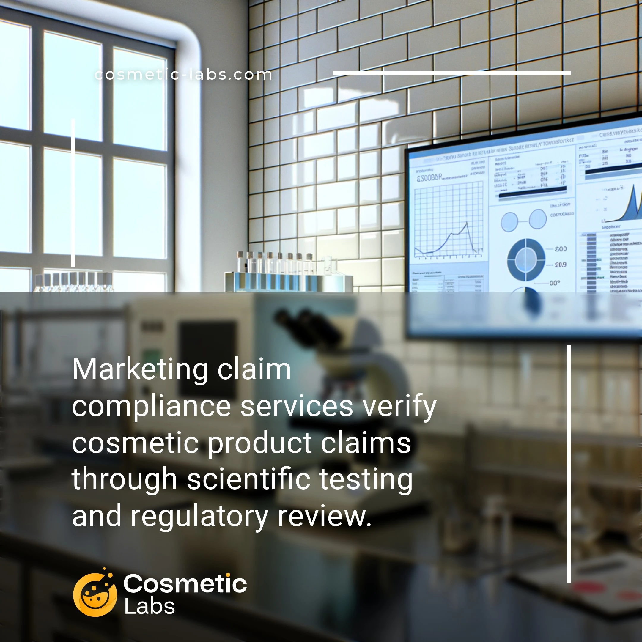 Illustration of Marketing claim compliance services. Marketing claim compliance services verify cosmetic product claims through scientific testing and regulatory review.