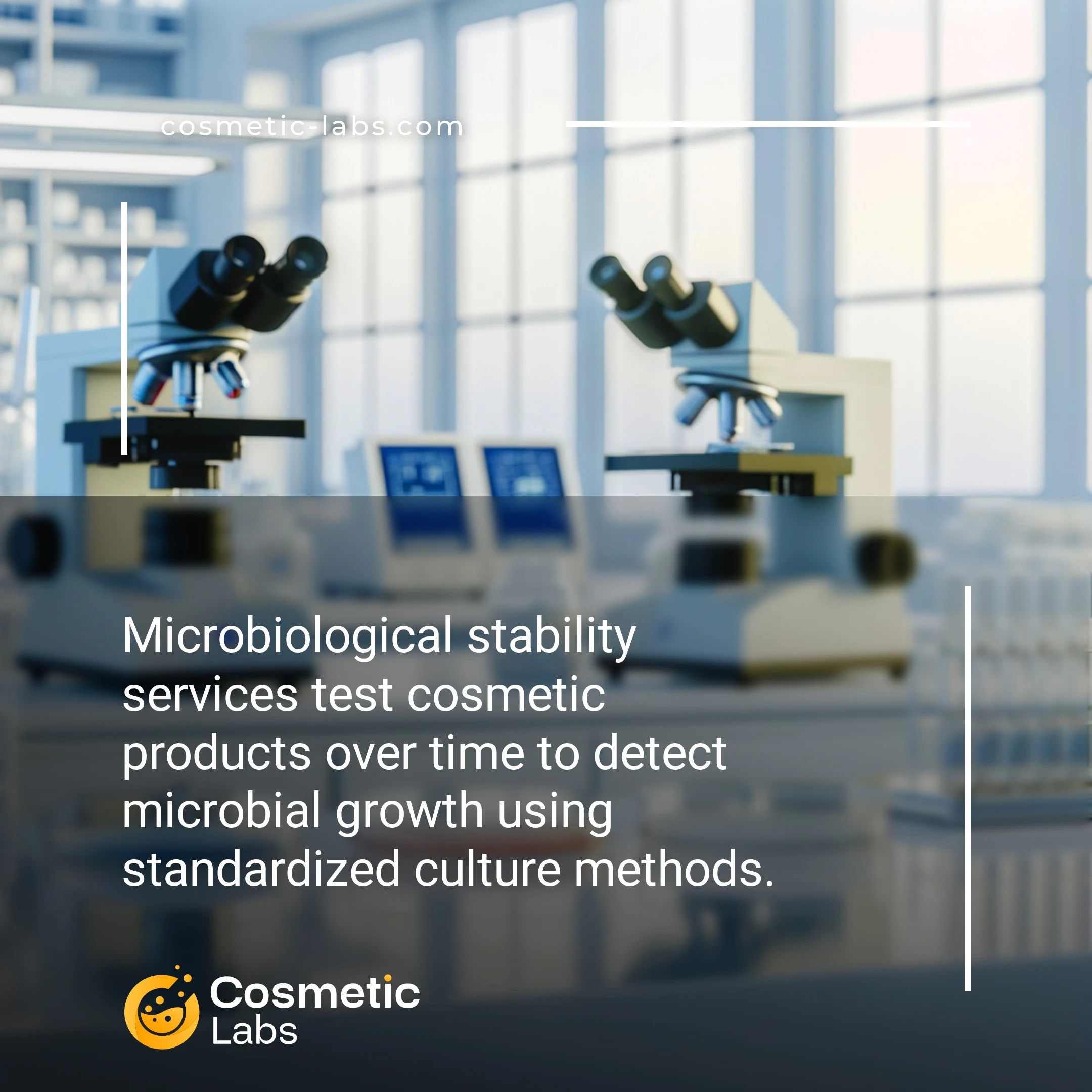 Illustration of Microbiological stability services. Microbiological stability services test cosmetic products over time to detect microbial growth using standardized culture methods.