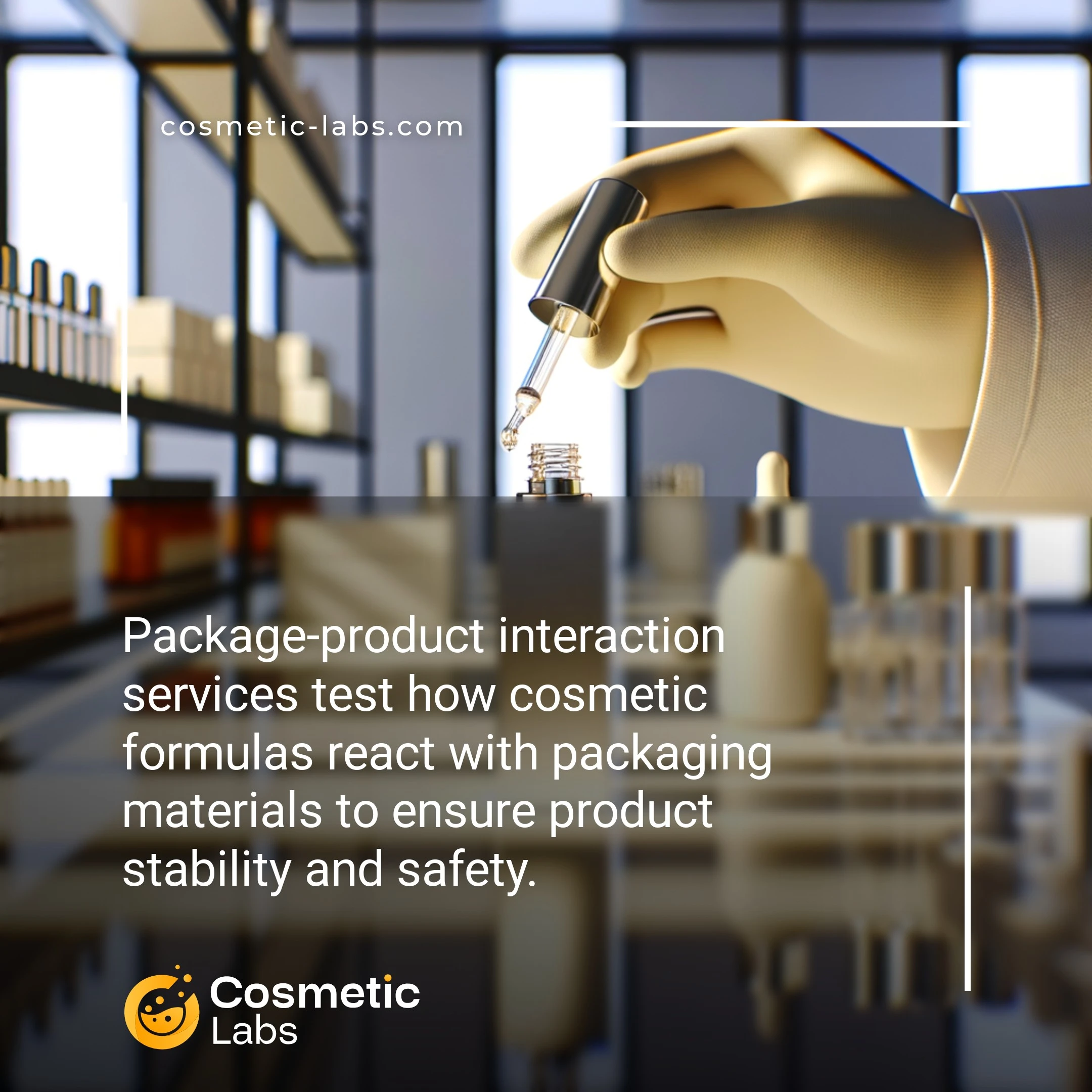 Illustration of Package-product interaction services. Package-product interaction services test how cosmetic formulas react with packaging materials to ensure product stability and safety.