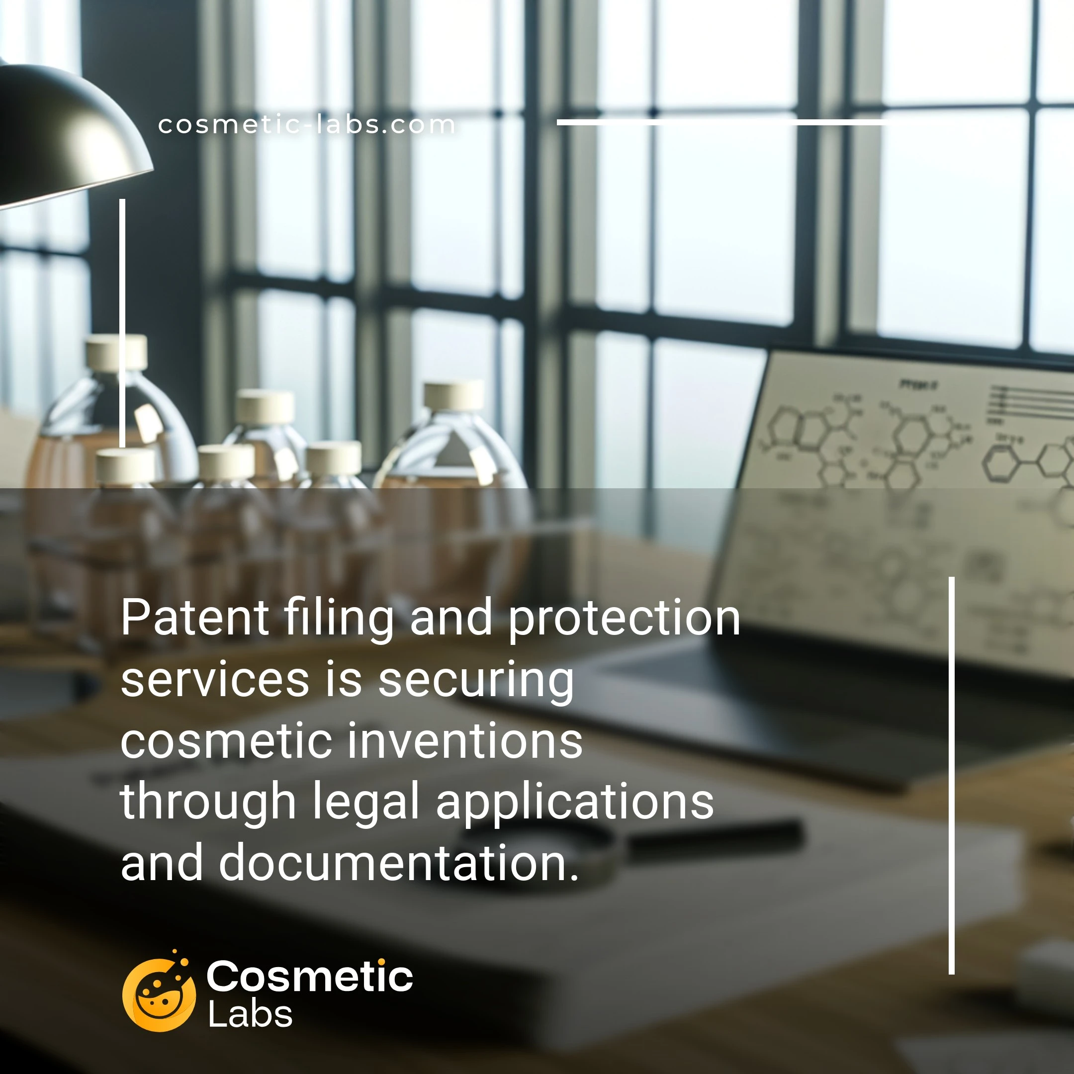 Illustration of Patent filing and protection services. Patent filing and protection services is securing cosmetic inventions through legal applications and documentation.