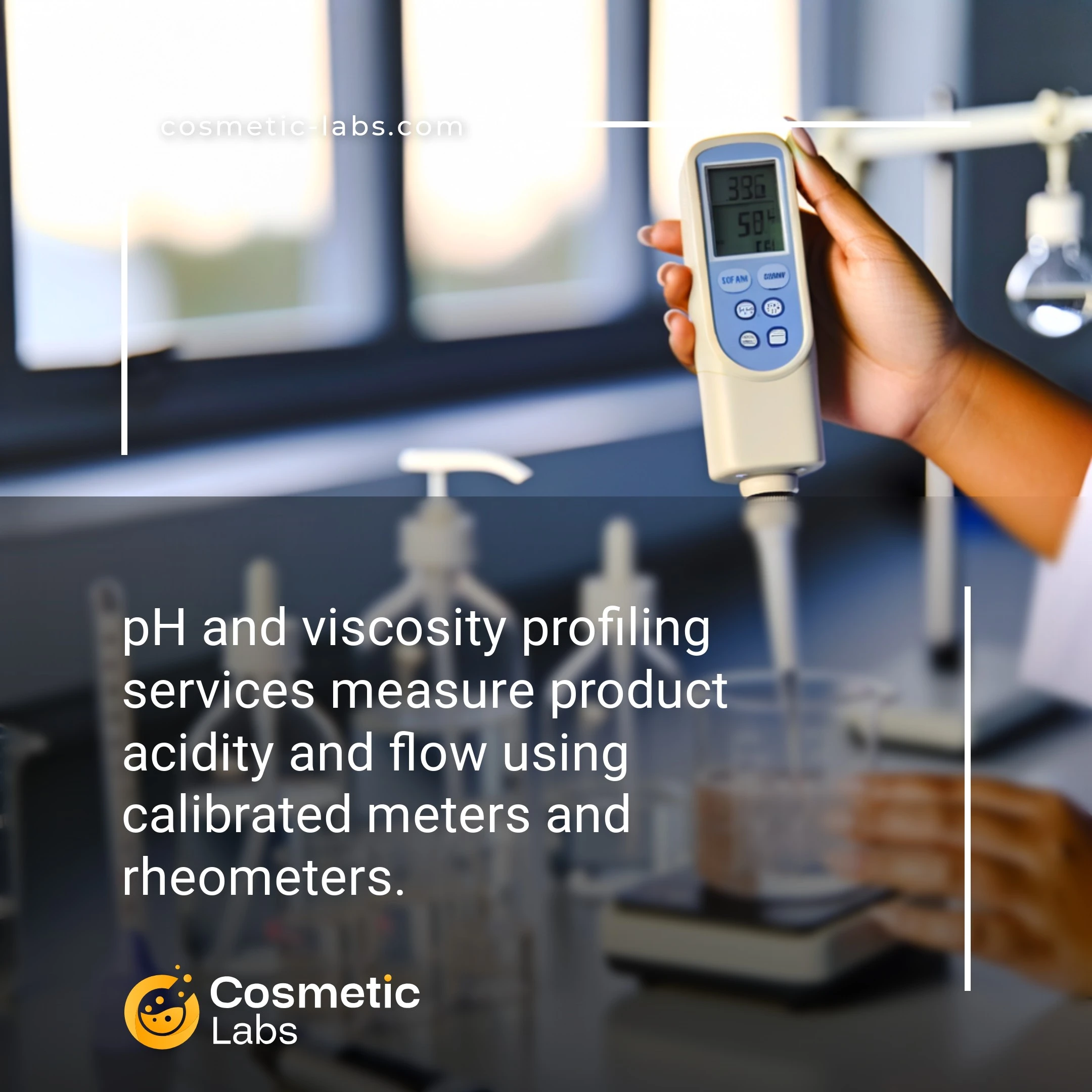 Illustration of pH and viscosity profiling services. pH and viscosity profiling services measure product acidity and flow using calibrated meters and rheometers.