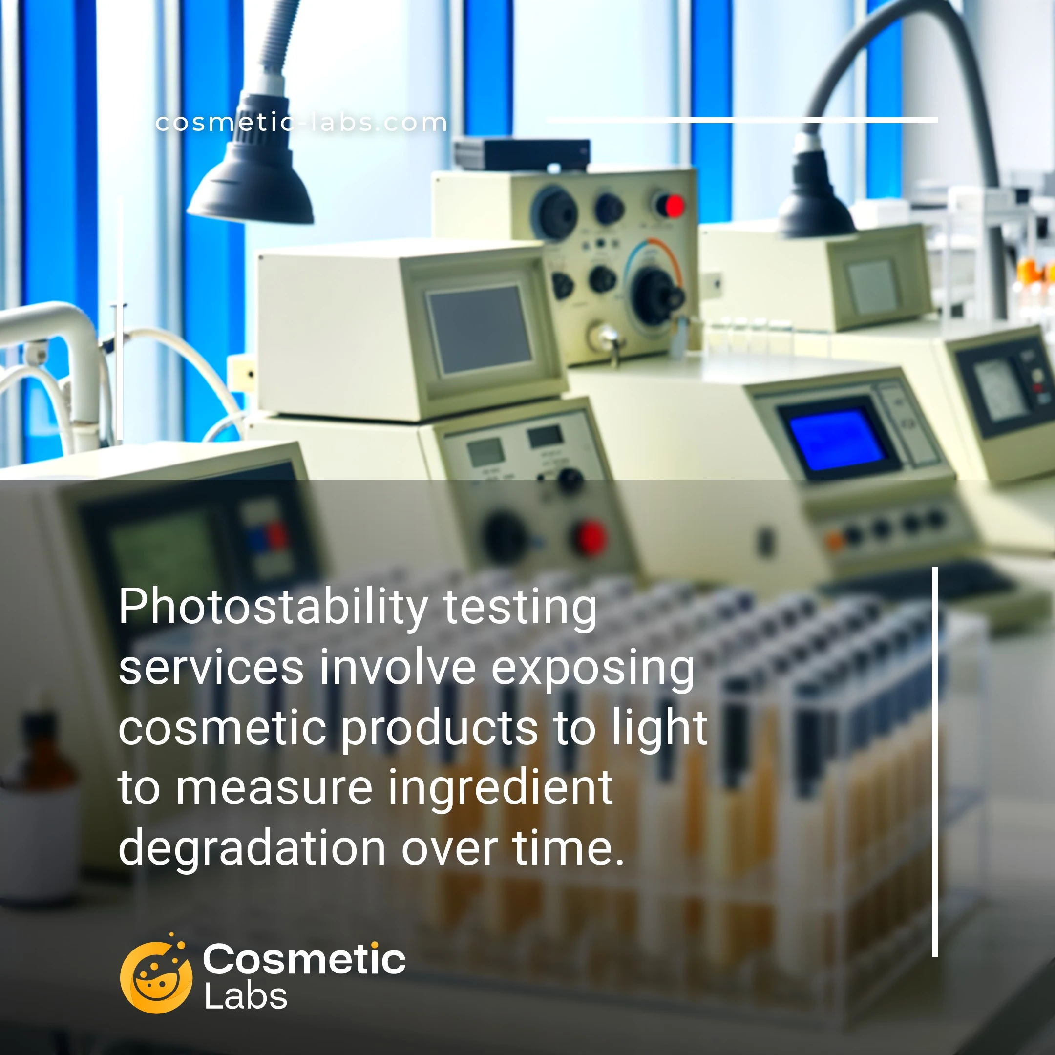 Illustration of Photostability testing services. Photostability testing services involve exposing cosmetic products to light to measure ingredient degradation over time.