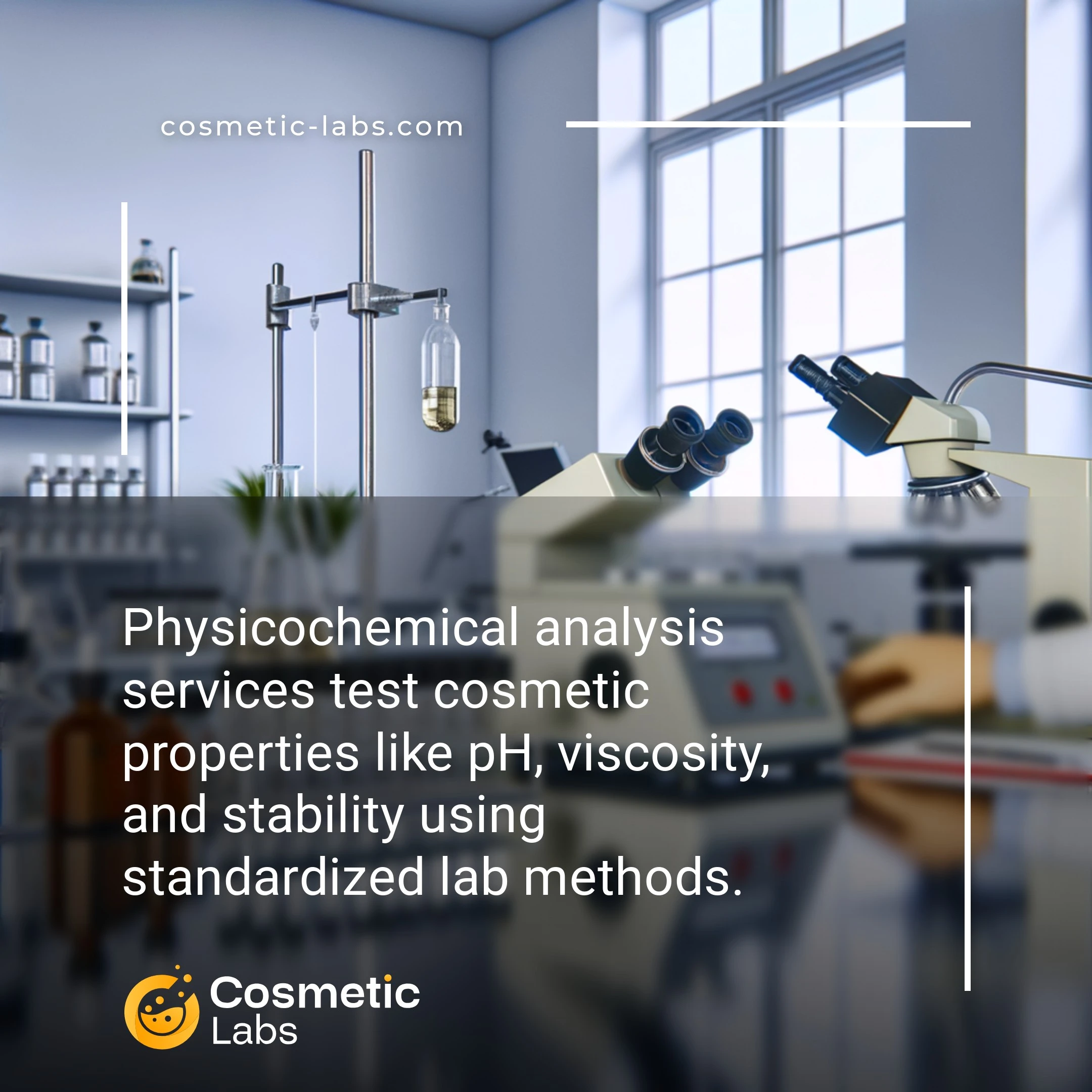 Illustration of Physicochemical analysis services. Physicochemical analysis services test cosmetic properties like pH, viscosity, and stability using standardized lab methods.