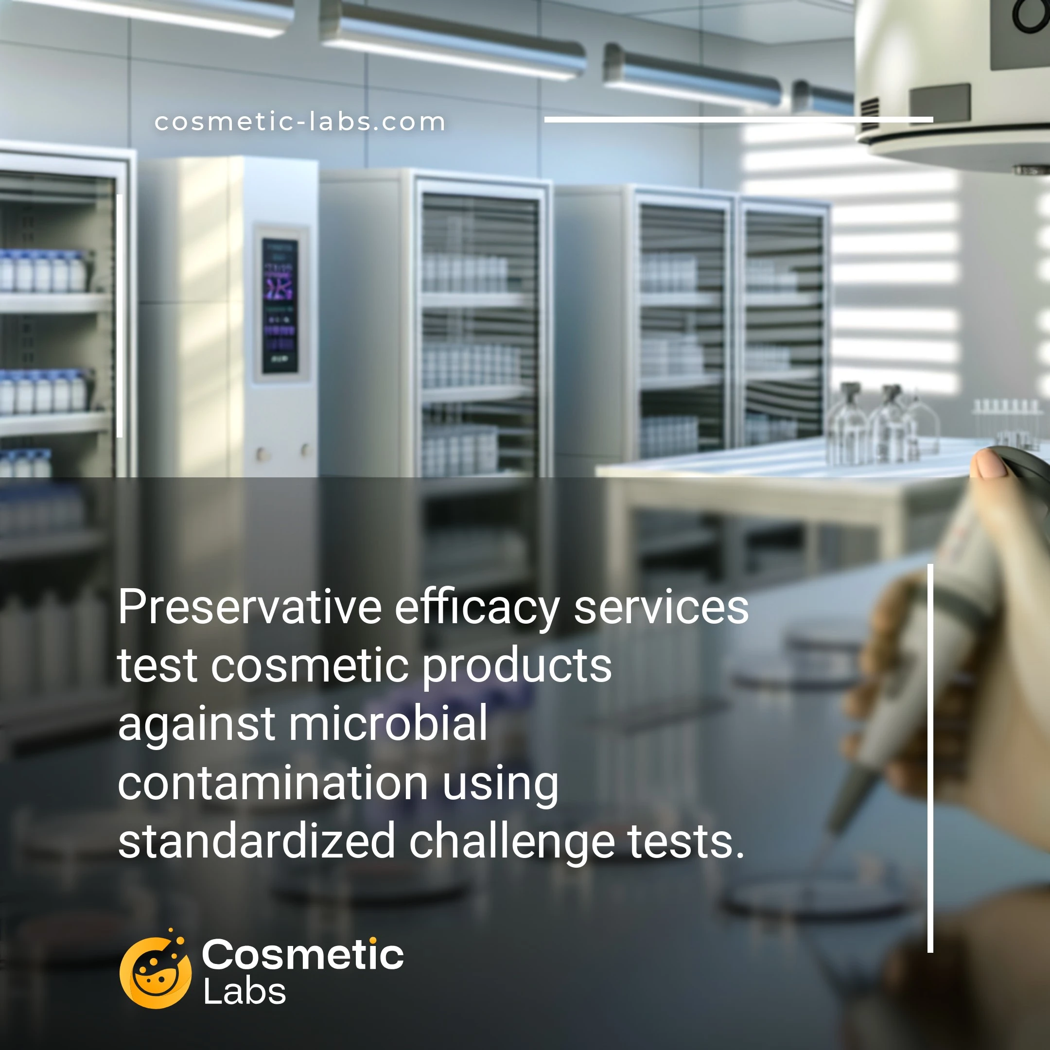 Illustration of Preservative efficacy services. Preservative efficacy services test cosmetic products against microbial contamination using standardized challenge tests.
