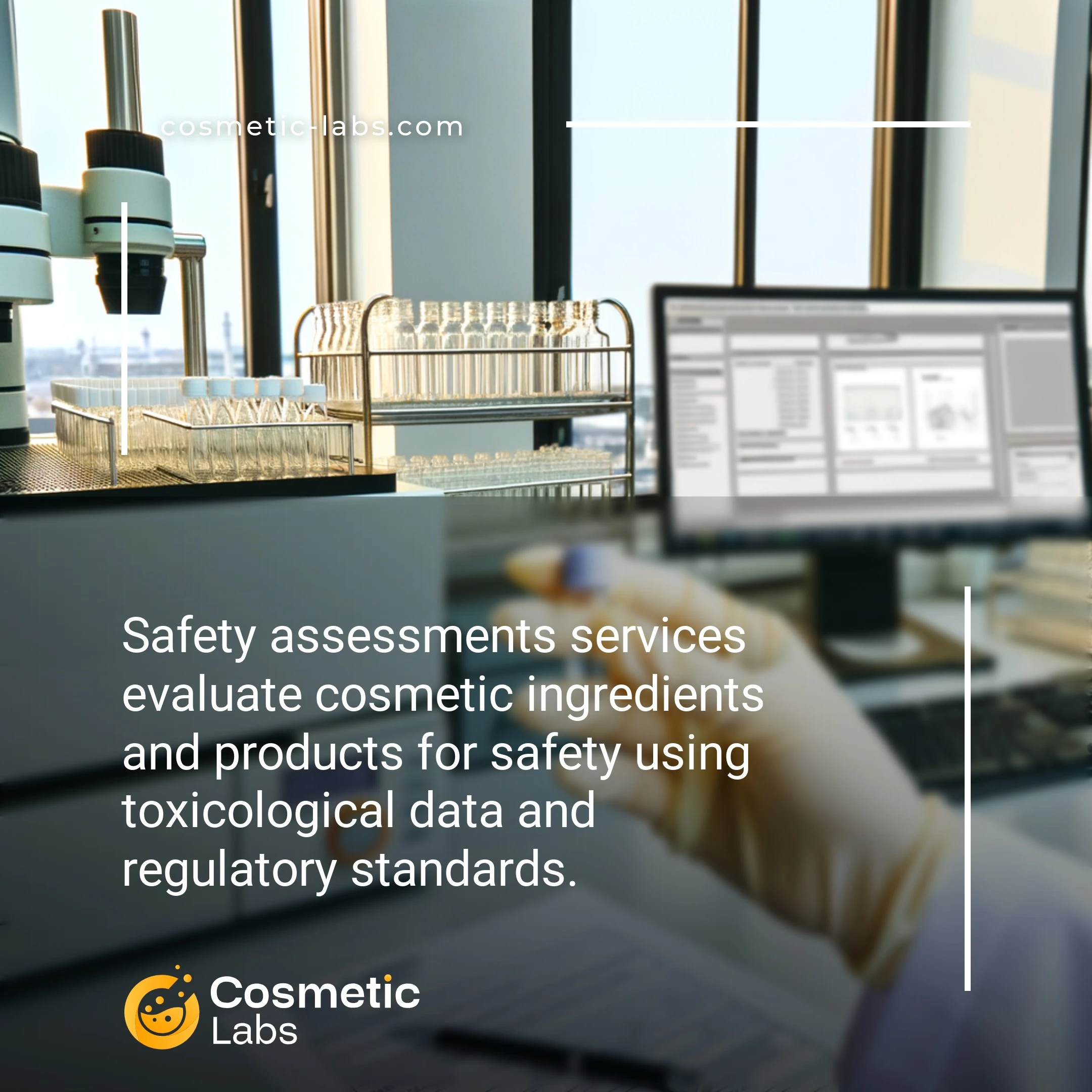 Illustration of Safety assessments services. Safety assessments services evaluate cosmetic ingredients and products for safety using toxicological data and regulatory standards.