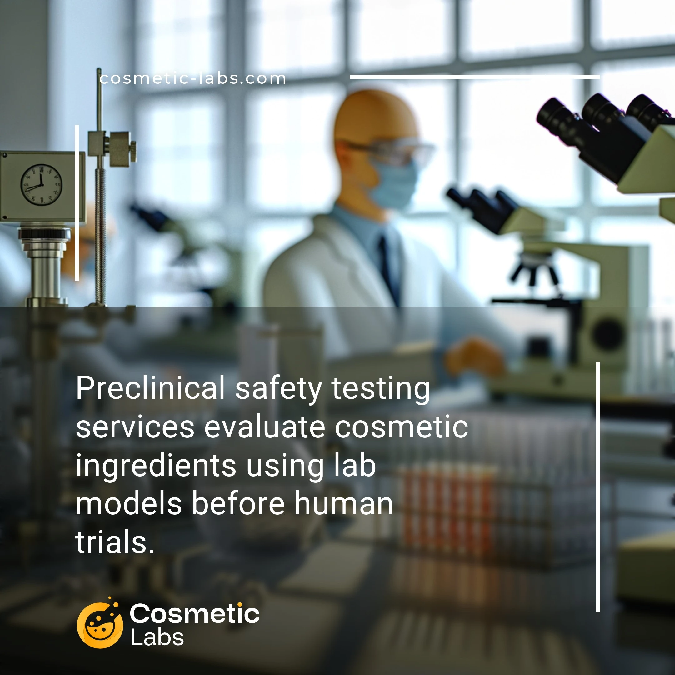 Illustration of Preclinical safety testing services. Preclinical safety testing services evaluate cosmetic ingredients using lab models before human trials.