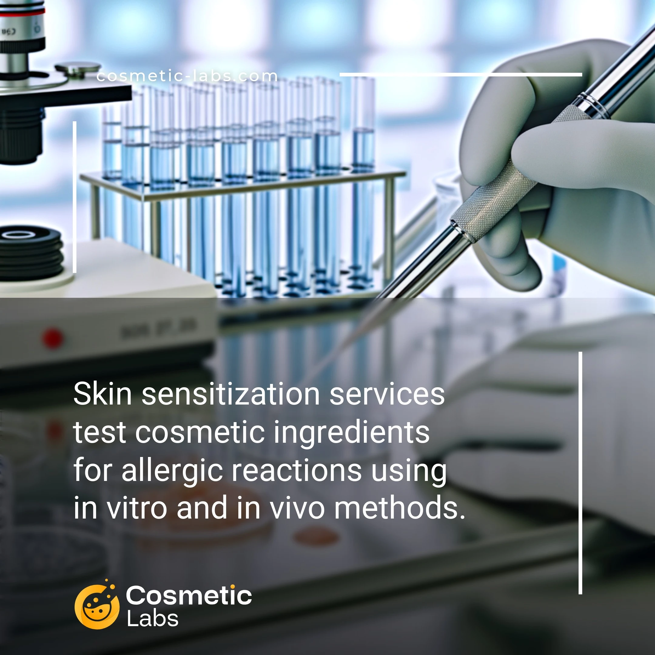 Illustration of Skin sensitization services. Skin sensitization services test cosmetic ingredients for allergic reactions using in vitro and in vivo methods.