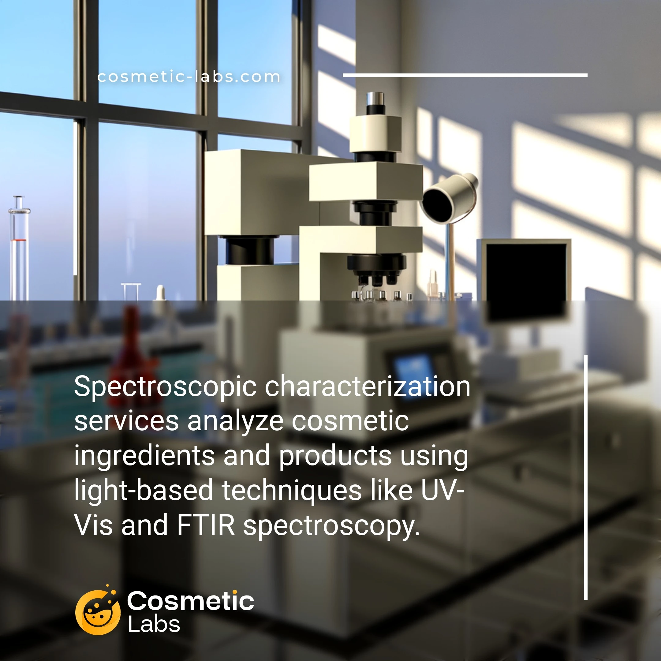 Illustration of Spectroscopic characterization services. Spectroscopic characterization services analyze cosmetic ingredients and products using light-based techniques like UV-Vis and FTIR spectroscopy.
