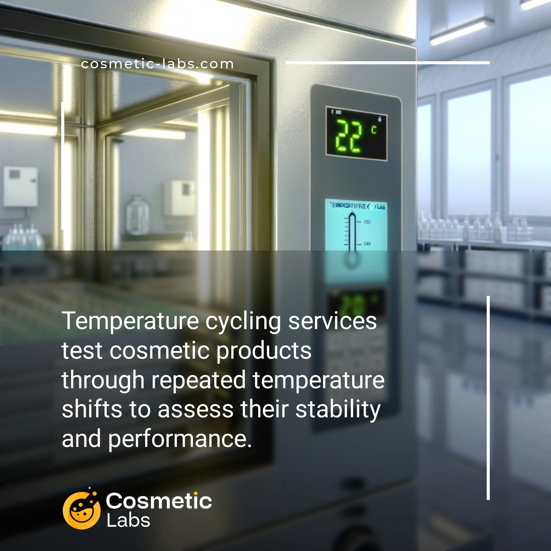 Illustration of Temperature cycling services. Temperature cycling services test cosmetic products through repeated temperature shifts to assess their stability and performance.
