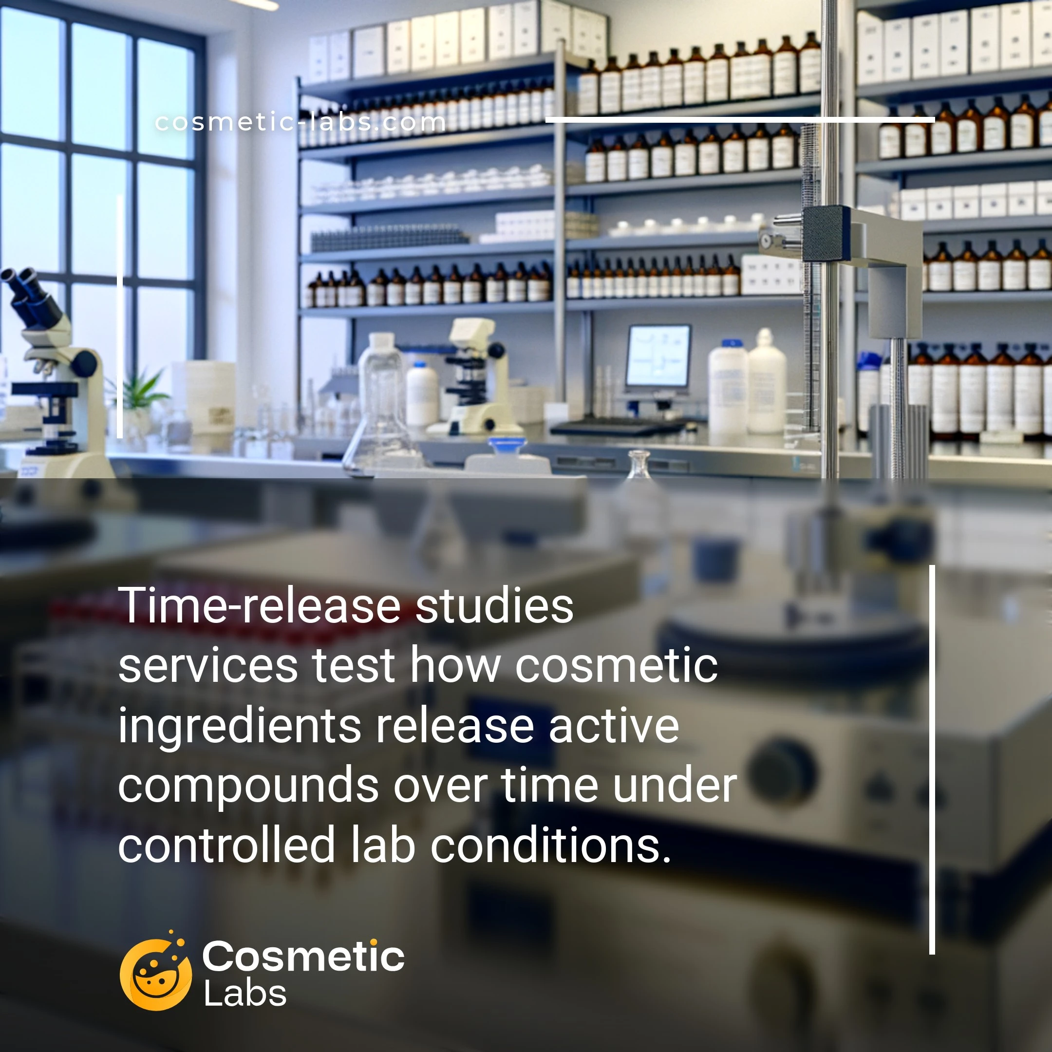 Illustration of Time-release studies services. Time-release studies services test how cosmetic ingredients release active compounds over time under controlled lab conditions.