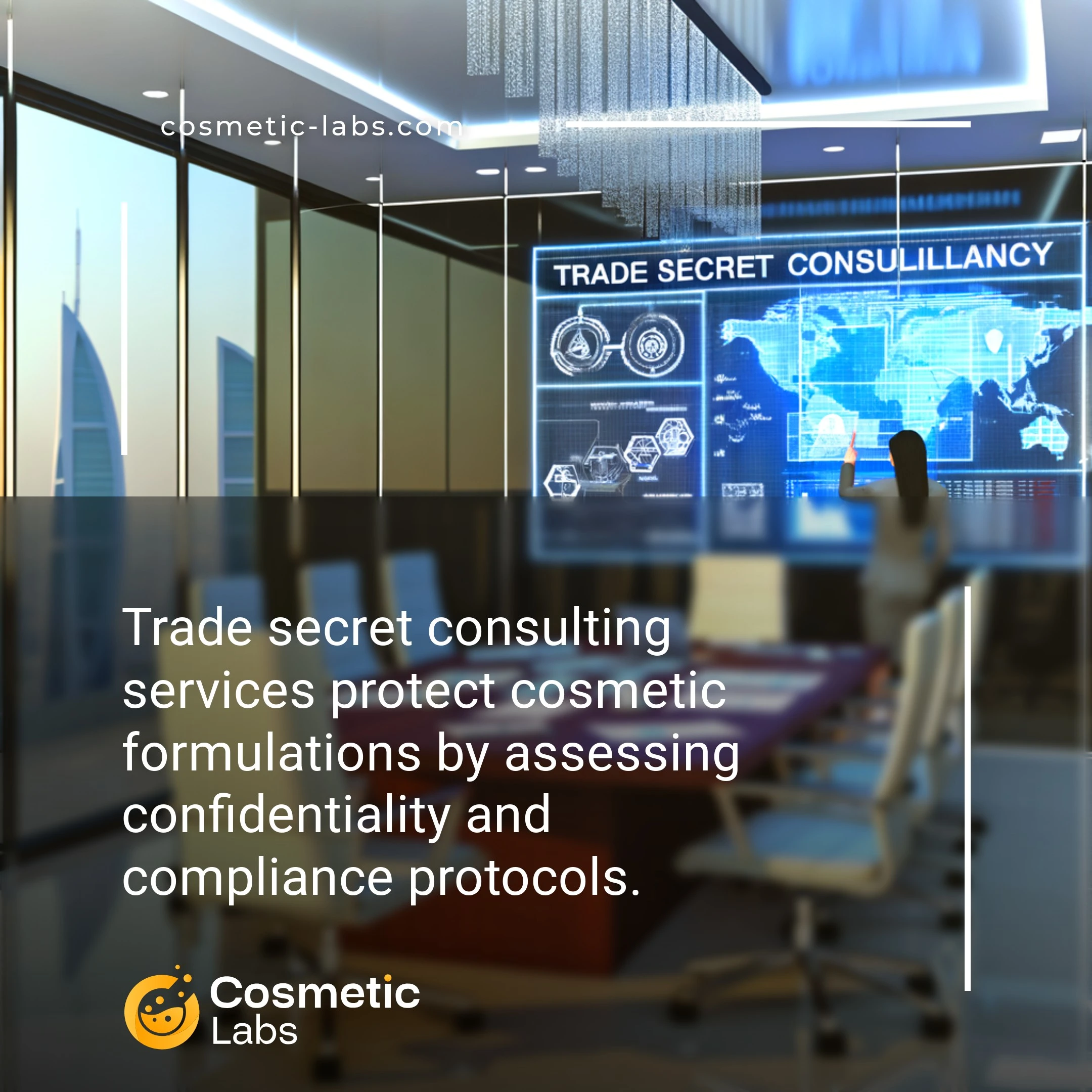 Illustration of Trade secret consulting services. Trade secret consulting services protect cosmetic formulations by assessing confidentiality and compliance protocols.