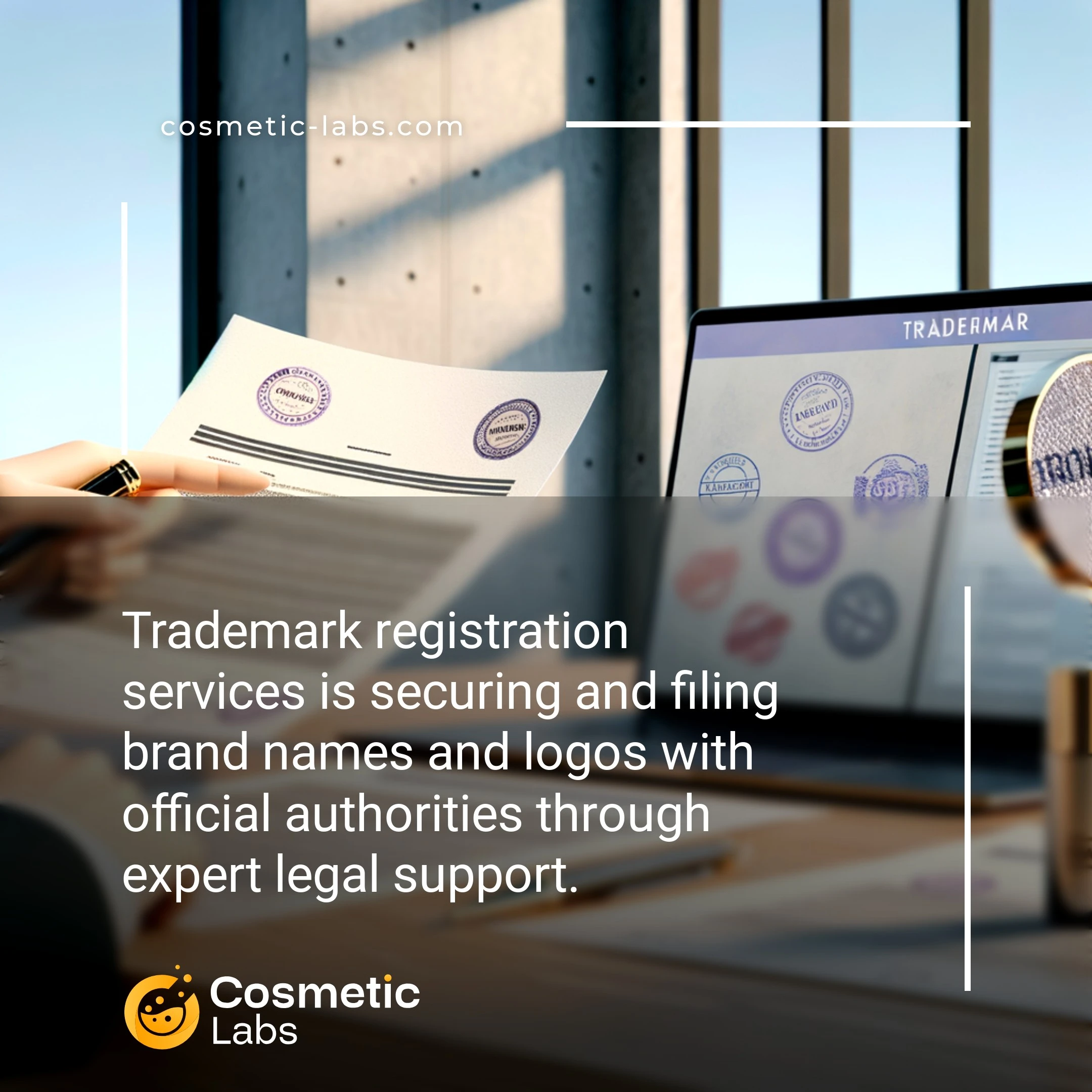 Illustration of Trademark registration services. Trademark registration services is securing and filing brand names and logos with official authorities through expert legal support.