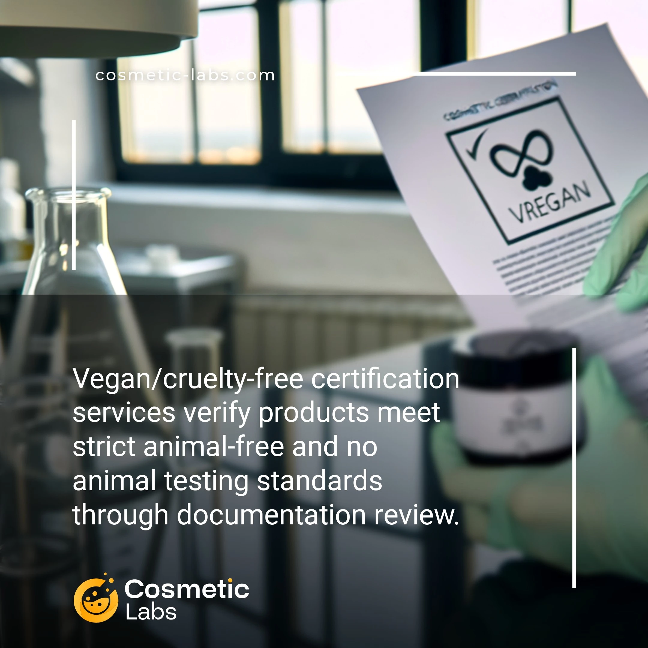 Illustration of Vegan/cruelty-free certification services. Vegan/cruelty-free certification services verify products meet strict animal-free and no animal testing standards through documentation review.